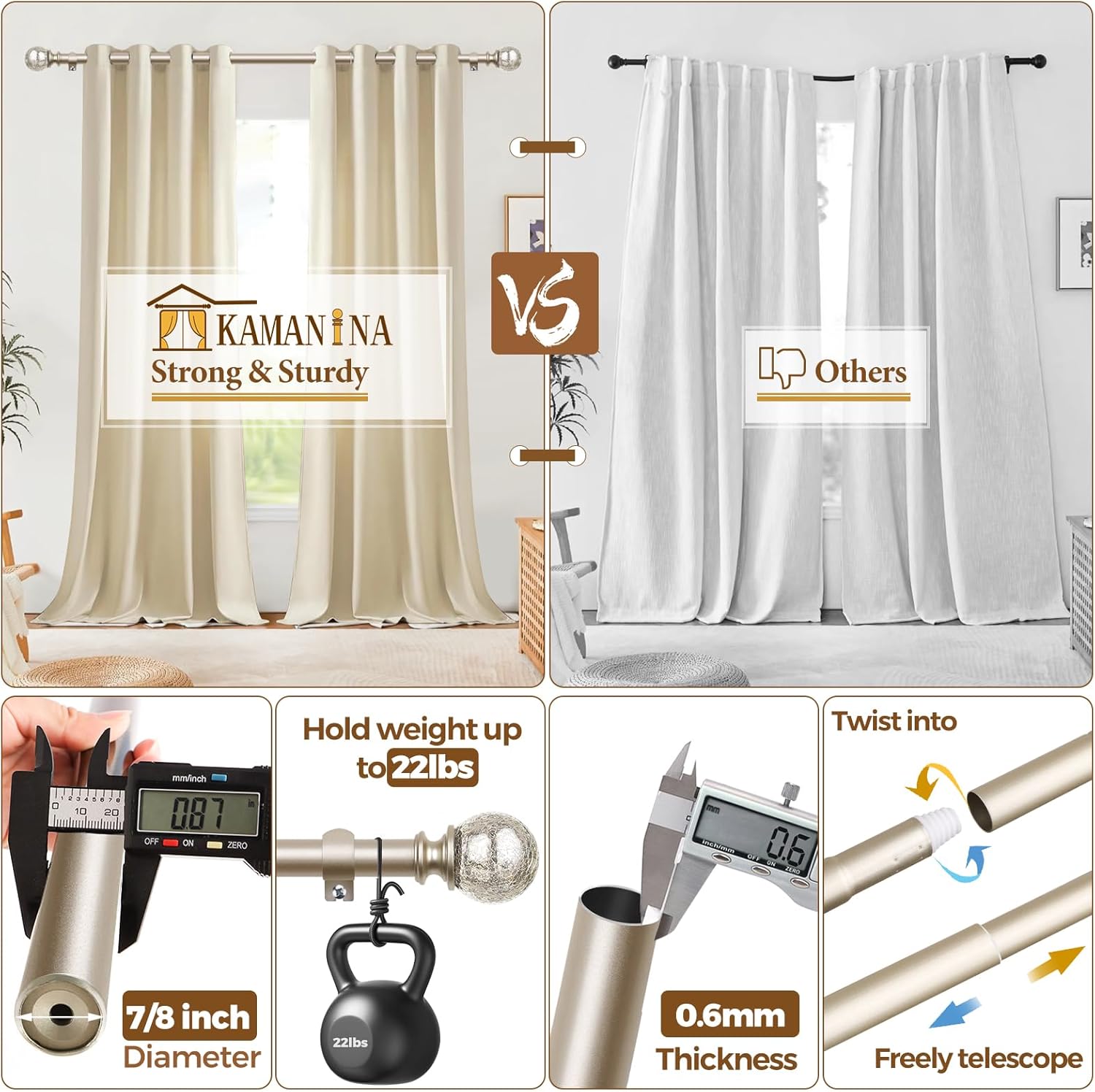 KAMANINA Champagne Gold Curtain Rods 32-58 Inches Adjustable