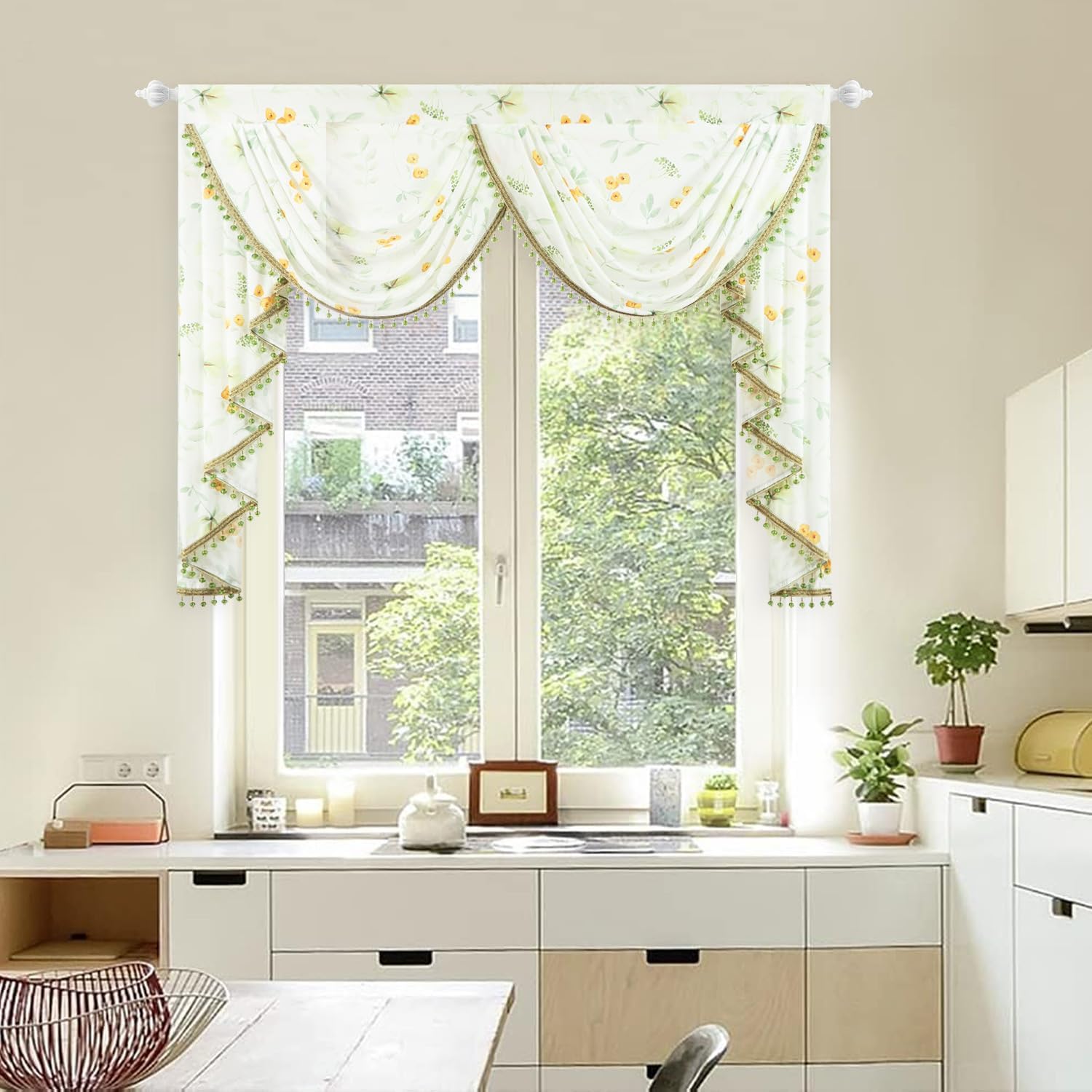 Leeva Luxury Sheer Valance Curtains with Bead Tassels and Plants Print Design