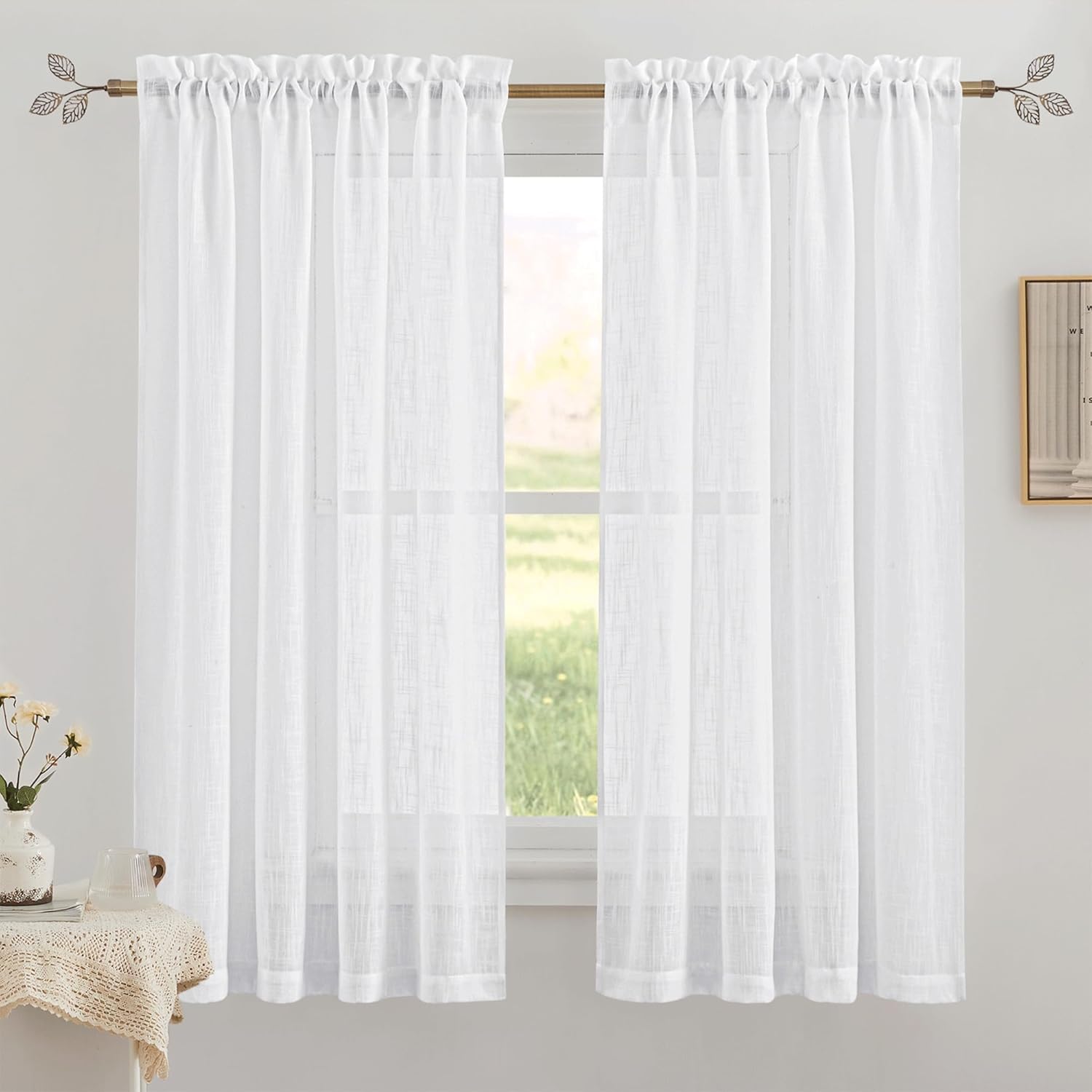 RYB HOME 1 Inch Adjustable Brass Curtain Rod with Leaf Finials