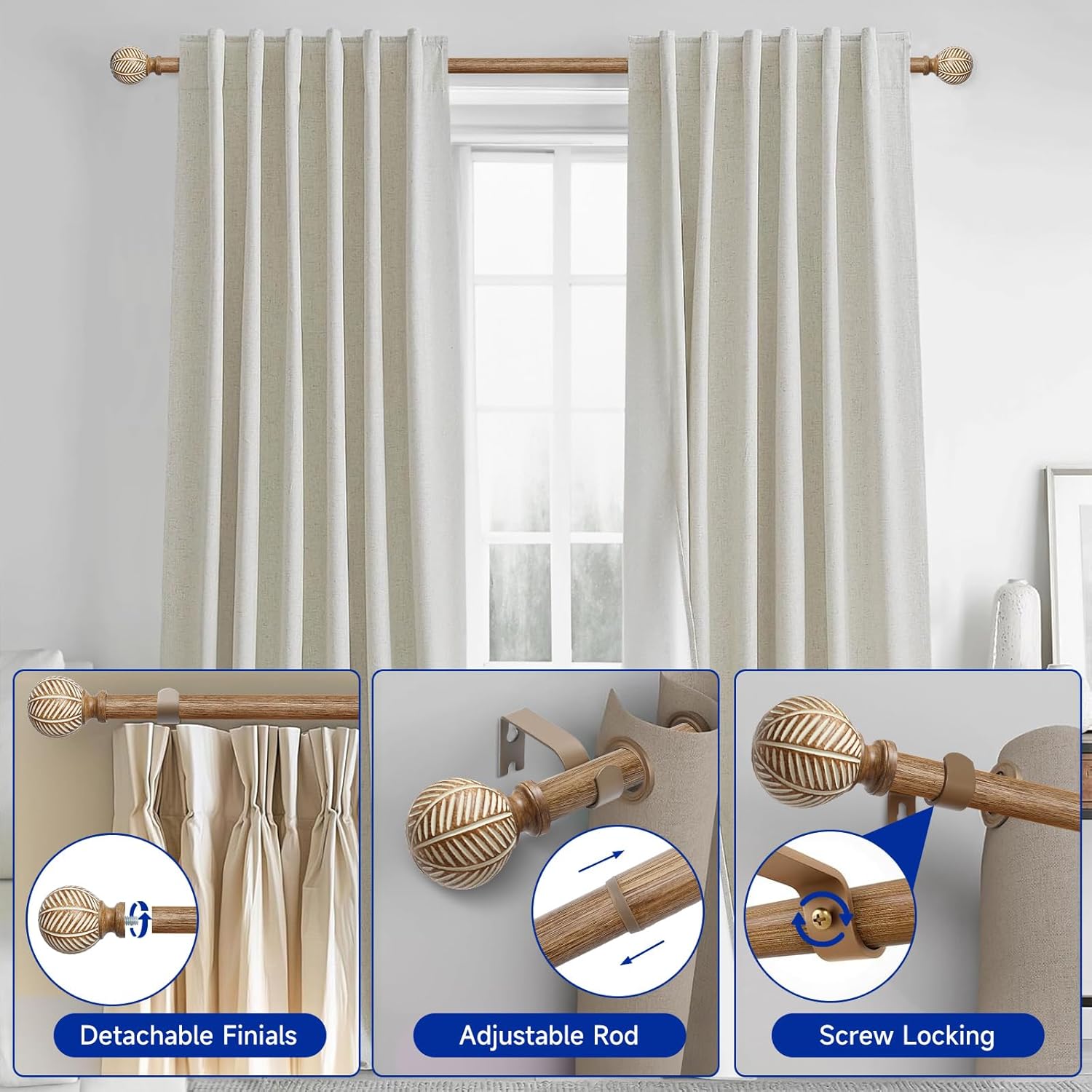 Adjustable Wood Curtain Rods 72-144 Inch 2 Pack Heavy Duty