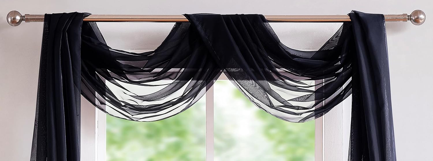 Warm Home Designs 12 Feet Long Sheer Black Window Scarf