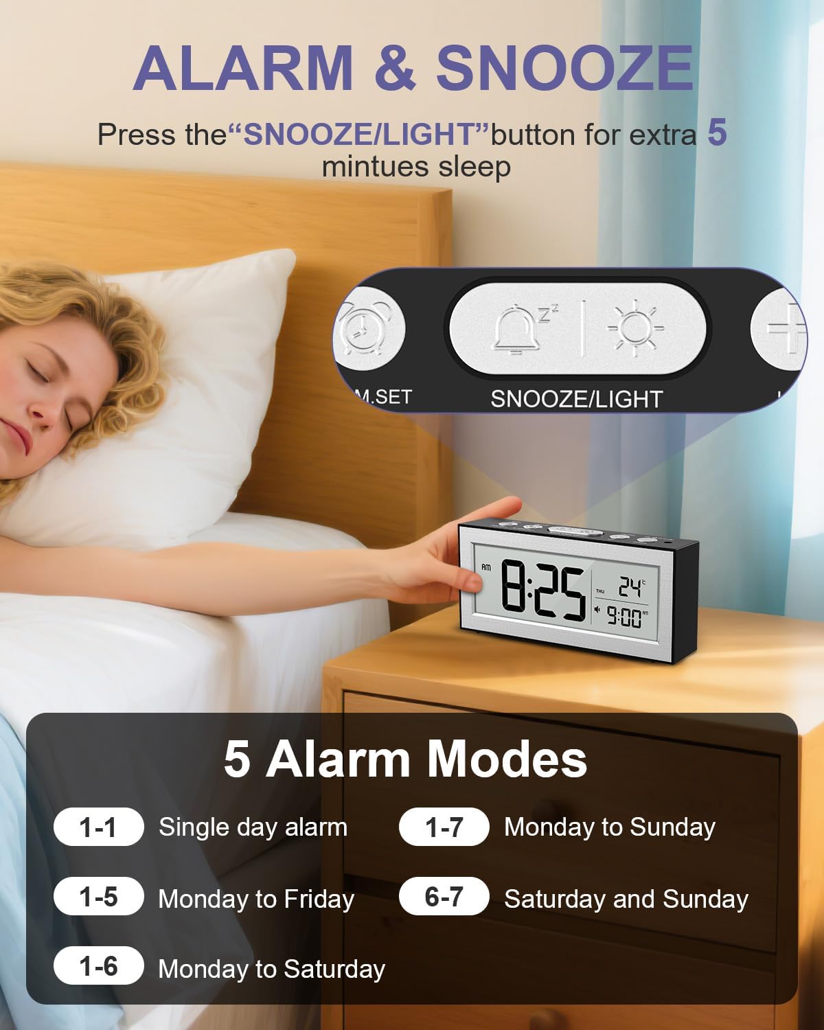 OQIMAX Battery Powered Alarm Clock with LCD Display