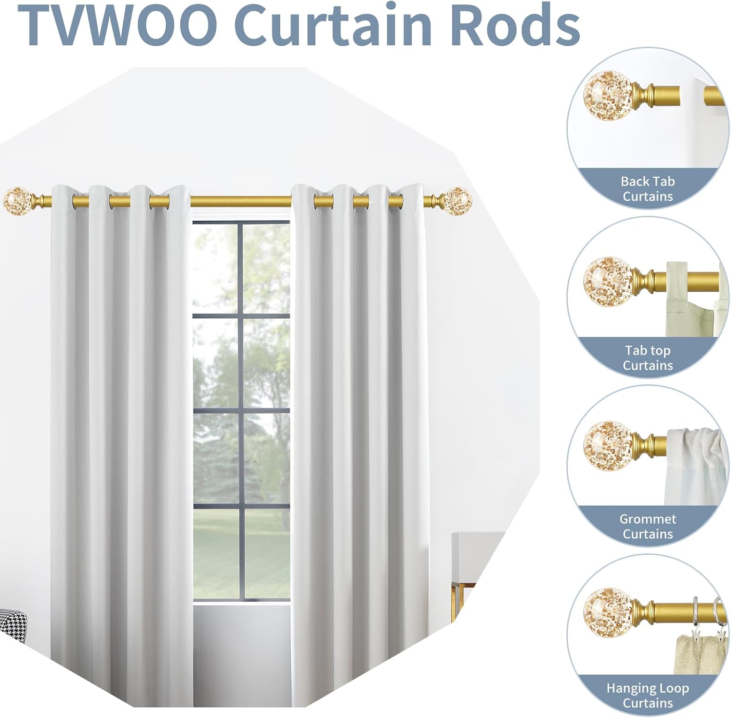 TVWOO Gold Crystal Curtain Rods 18-60 Inch