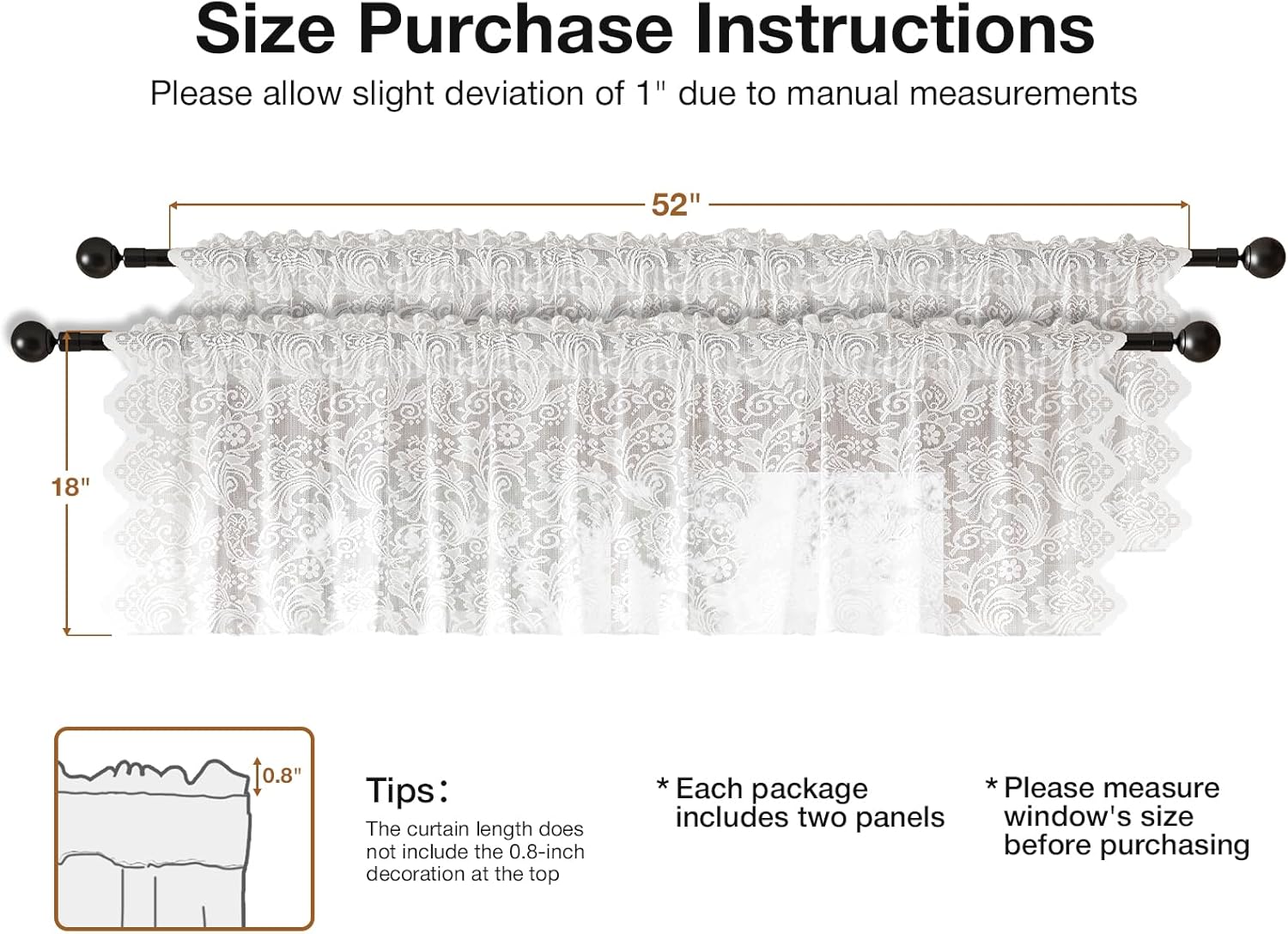 White Lace Semi-Sheer Kitchen Valance Curtains - 1 Panel 52W x 18L Inch