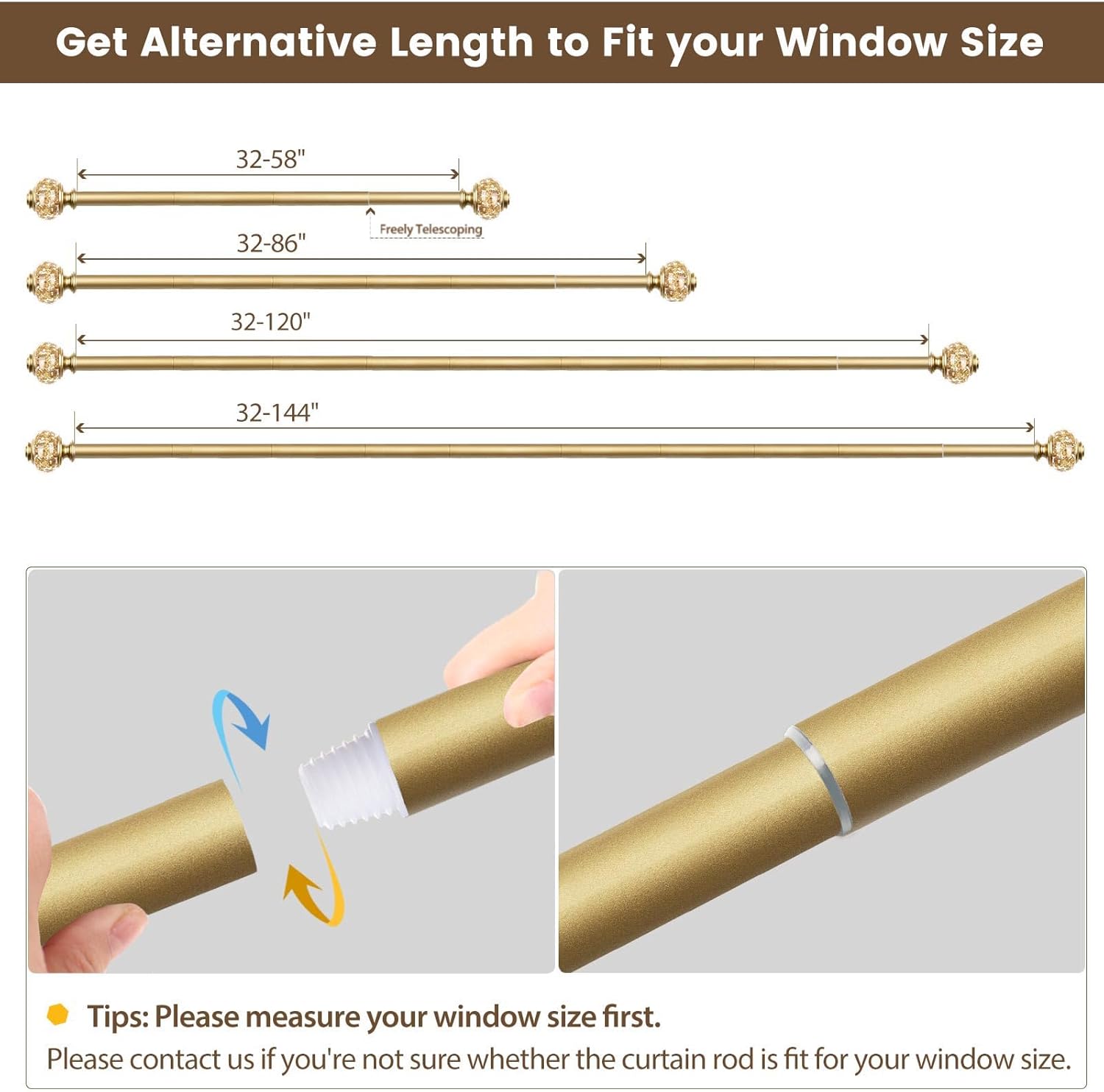 USFOOK 78 Inch Curtain Rods 32-120 Inches Length Adjustable Single Rods