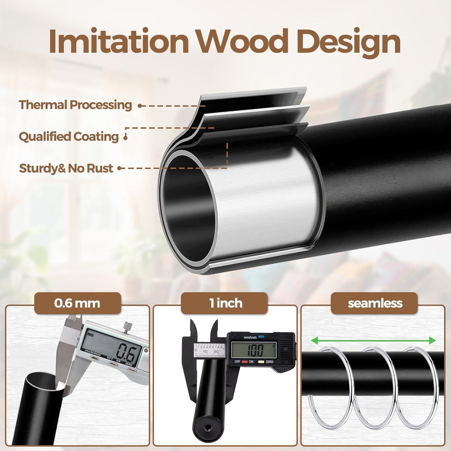 KAMANINA Wood Curtain Rods 48-84 Inch Black