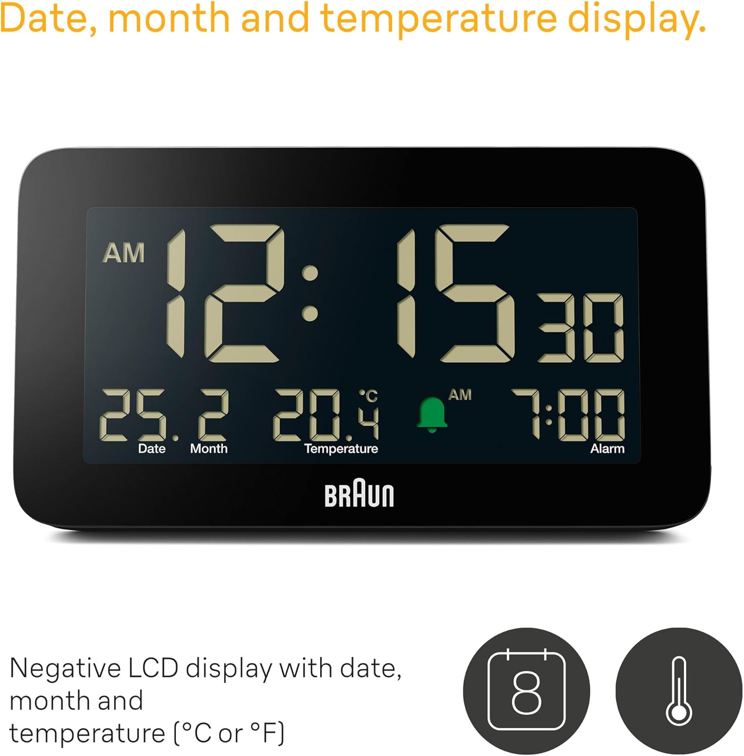 Braun Digital Alarm Clock with Date Month and Temperature Display