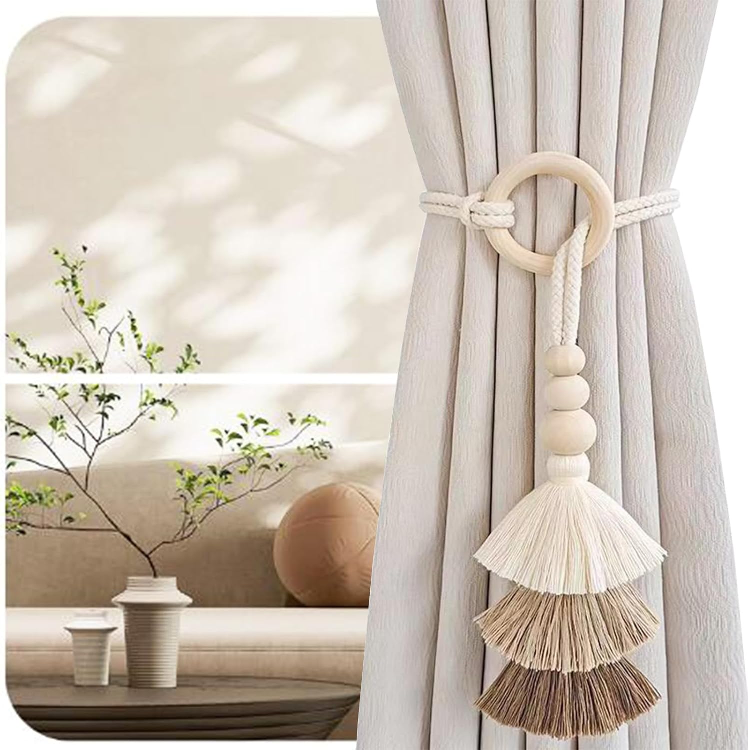 2pcs Wooden Bead Curtain Tiebacks Coffee
