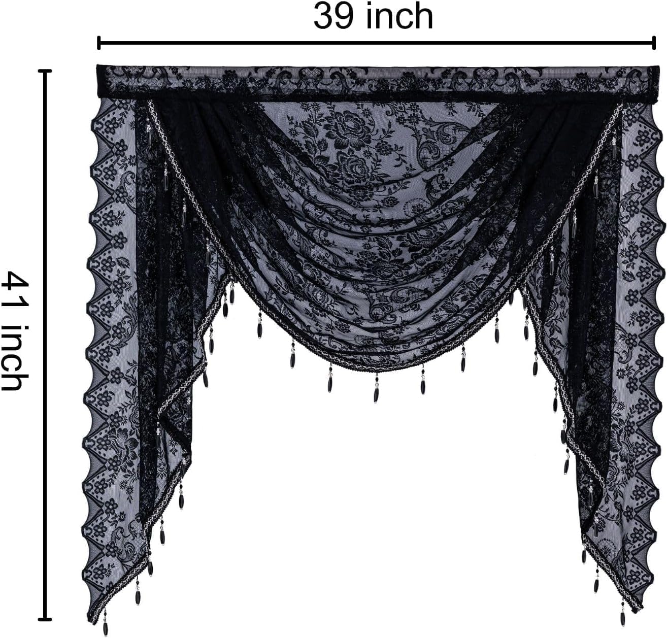 Boho Black Lace Beaded Waterfall Valance Curtains 39x41