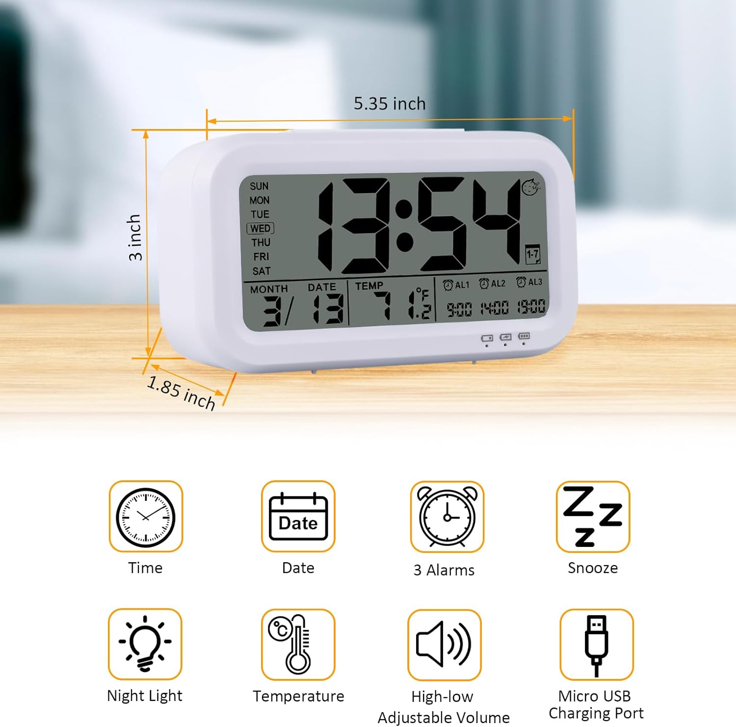 WinFong 43 Inch Digital Alarm Clock with 3 Bells and Temperature
