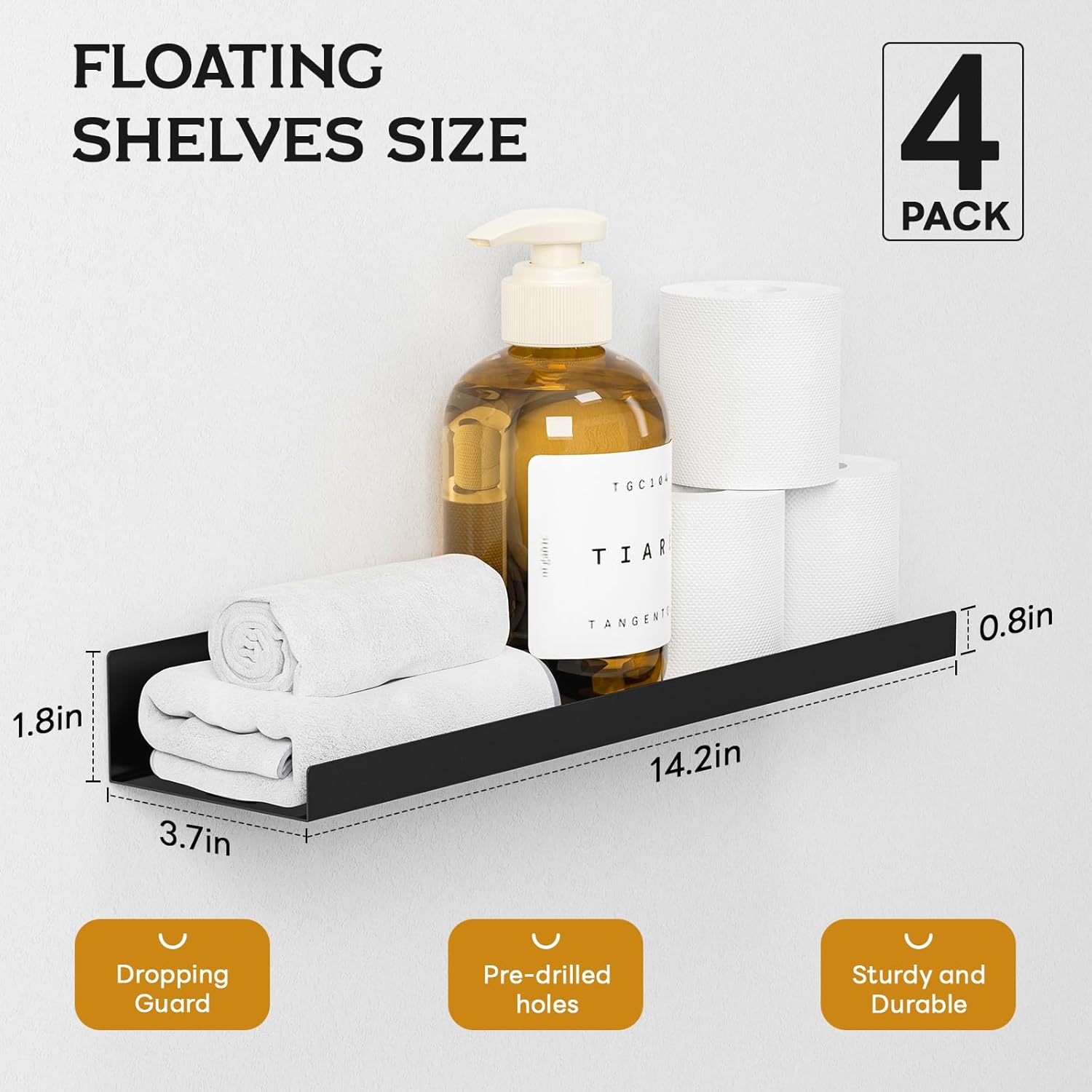 4 Pack Gold Metal Floating Shelves for Wall Storage