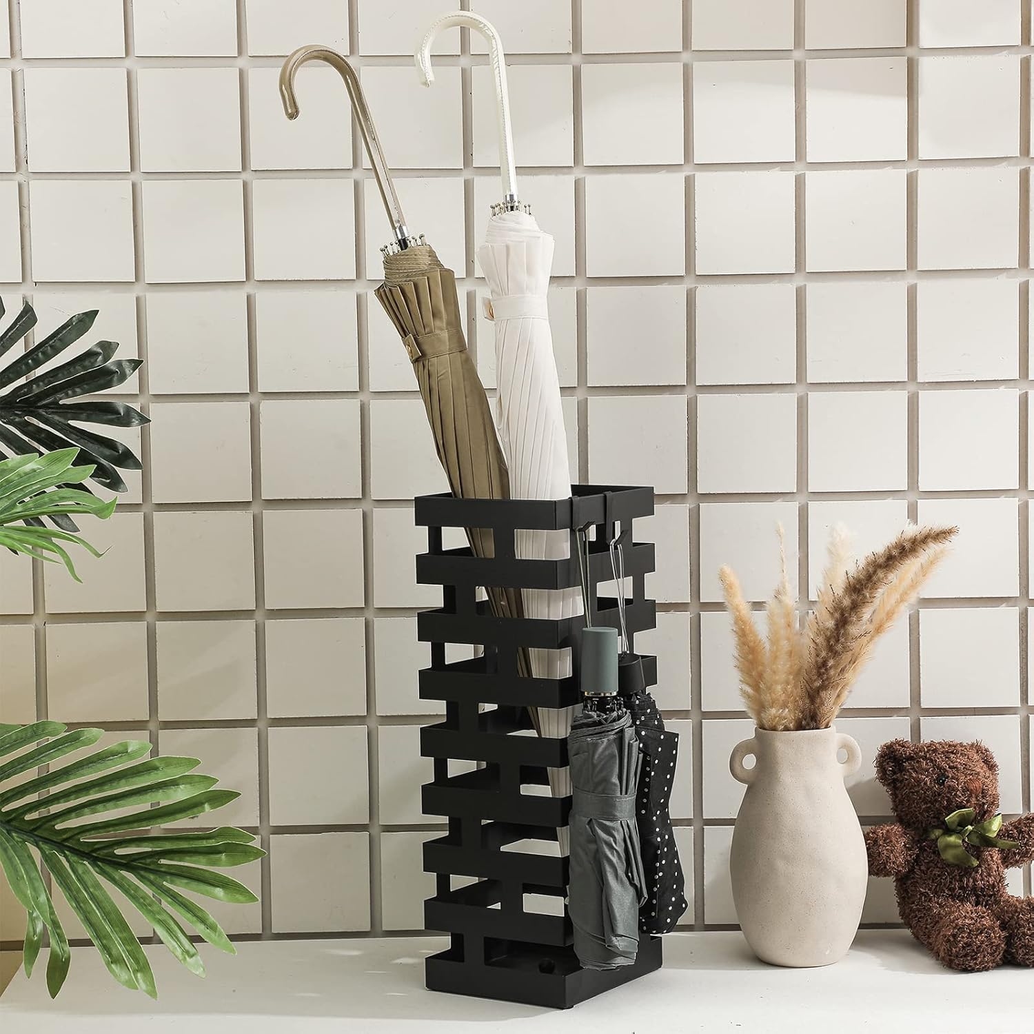 Tudomro Large Black Metal Umbrella Stand with Hooks and Water Tray
