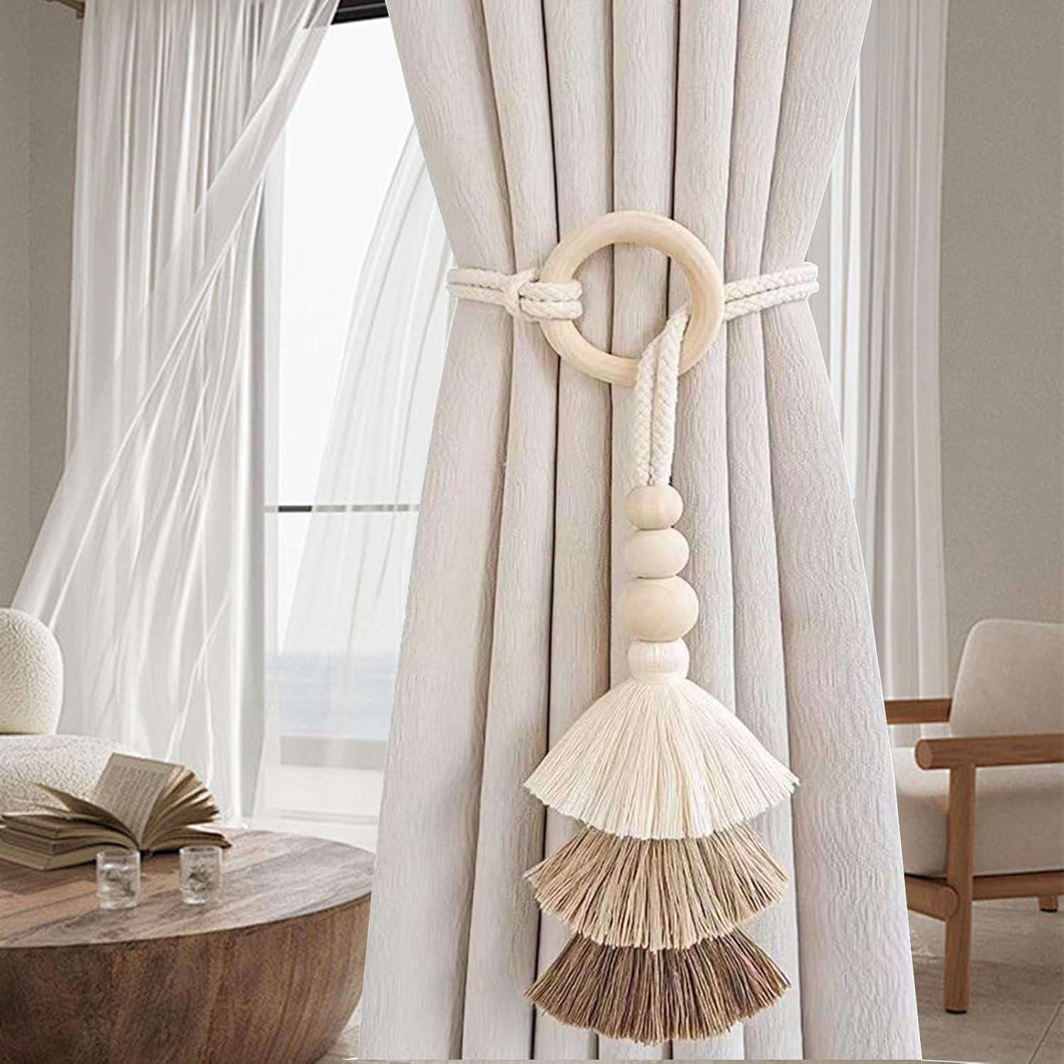 2pcs Wooden Bead Curtain Tiebacks Coffee
