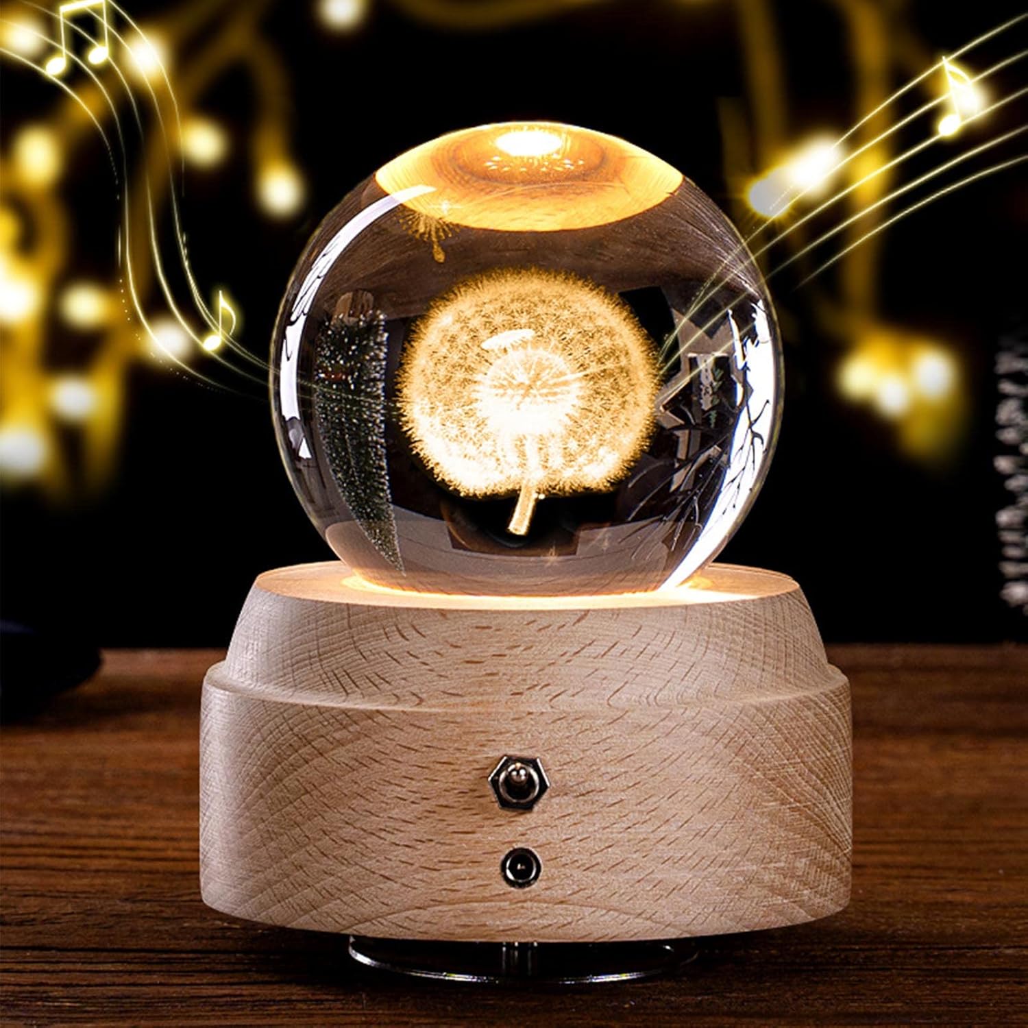 3D Crystal Ball Music Box with LED Light and Wooden Base