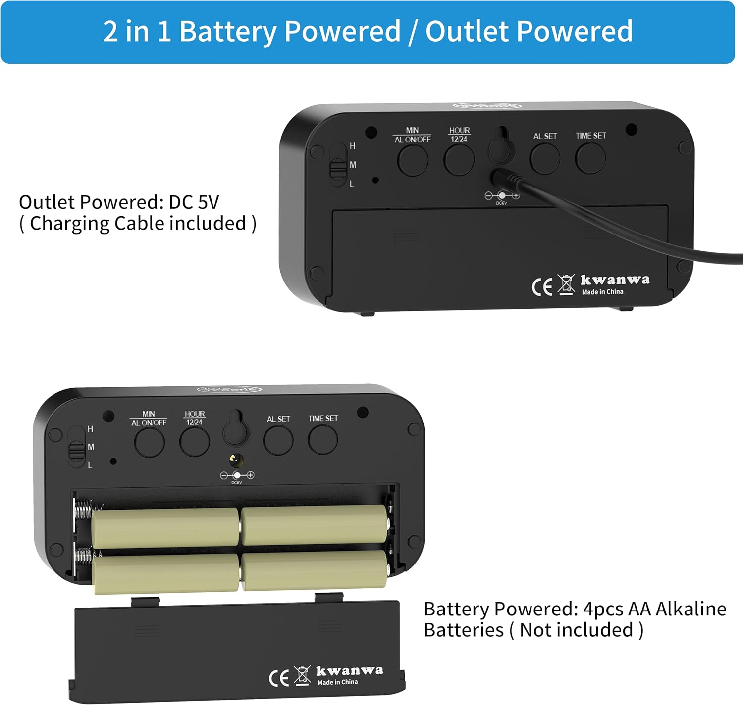 Kwanwa Dual Power Alarm Clock with Auto-Dim Night Mode
