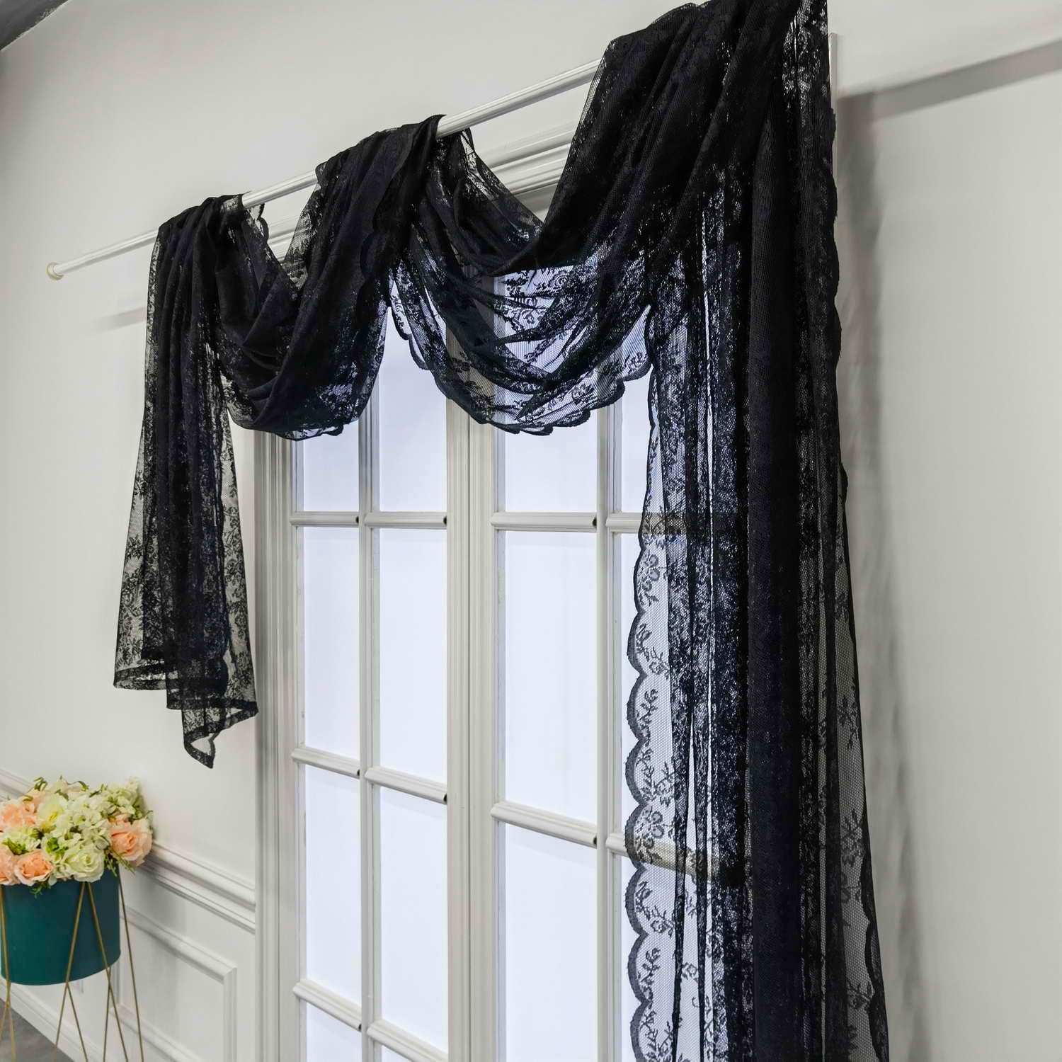 Elegant Black Lace Valance Curtain 144 Inch Long