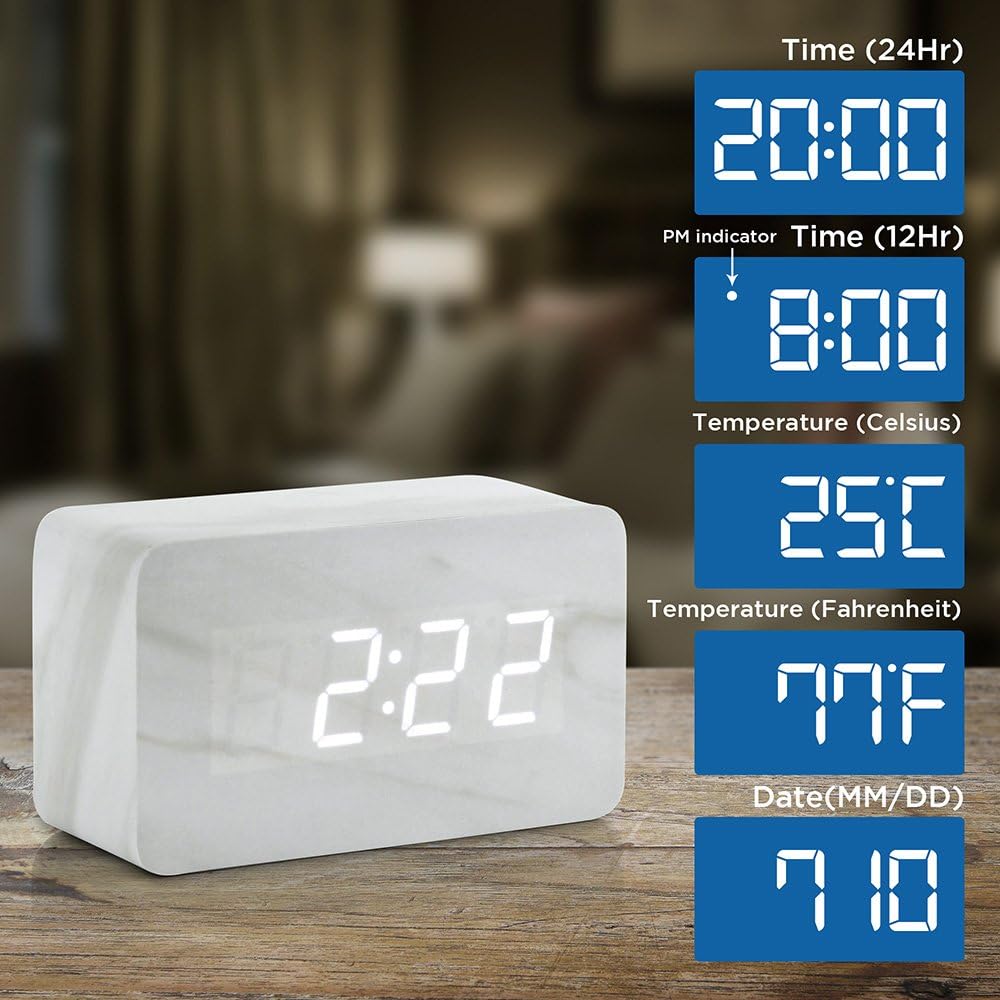 OCT17 Marble Pattern Alarm Clock with USB and Voice Control