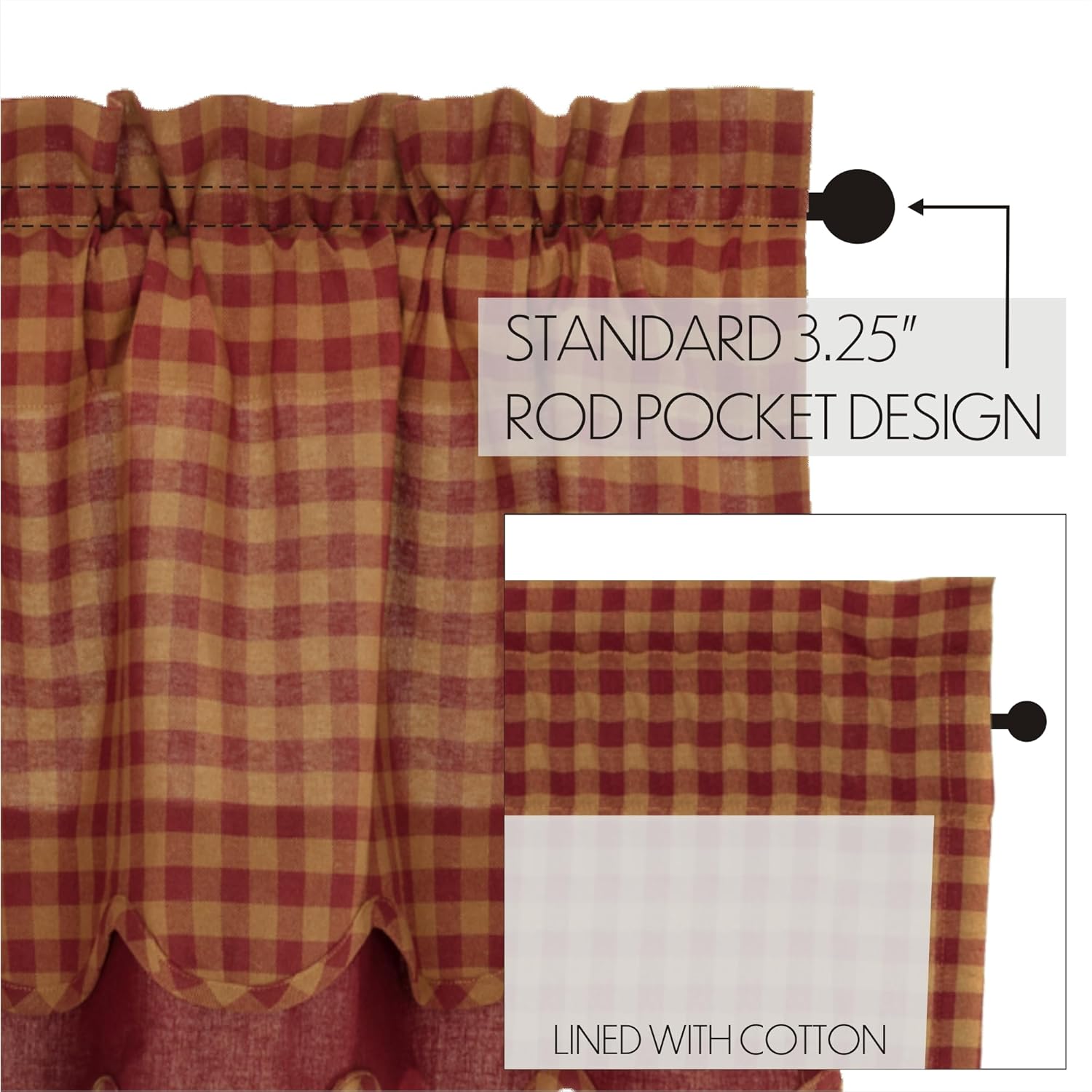 VHC Brands Burgundy Check Valance 16x60 Red Rod Pocket Cotton Curtains