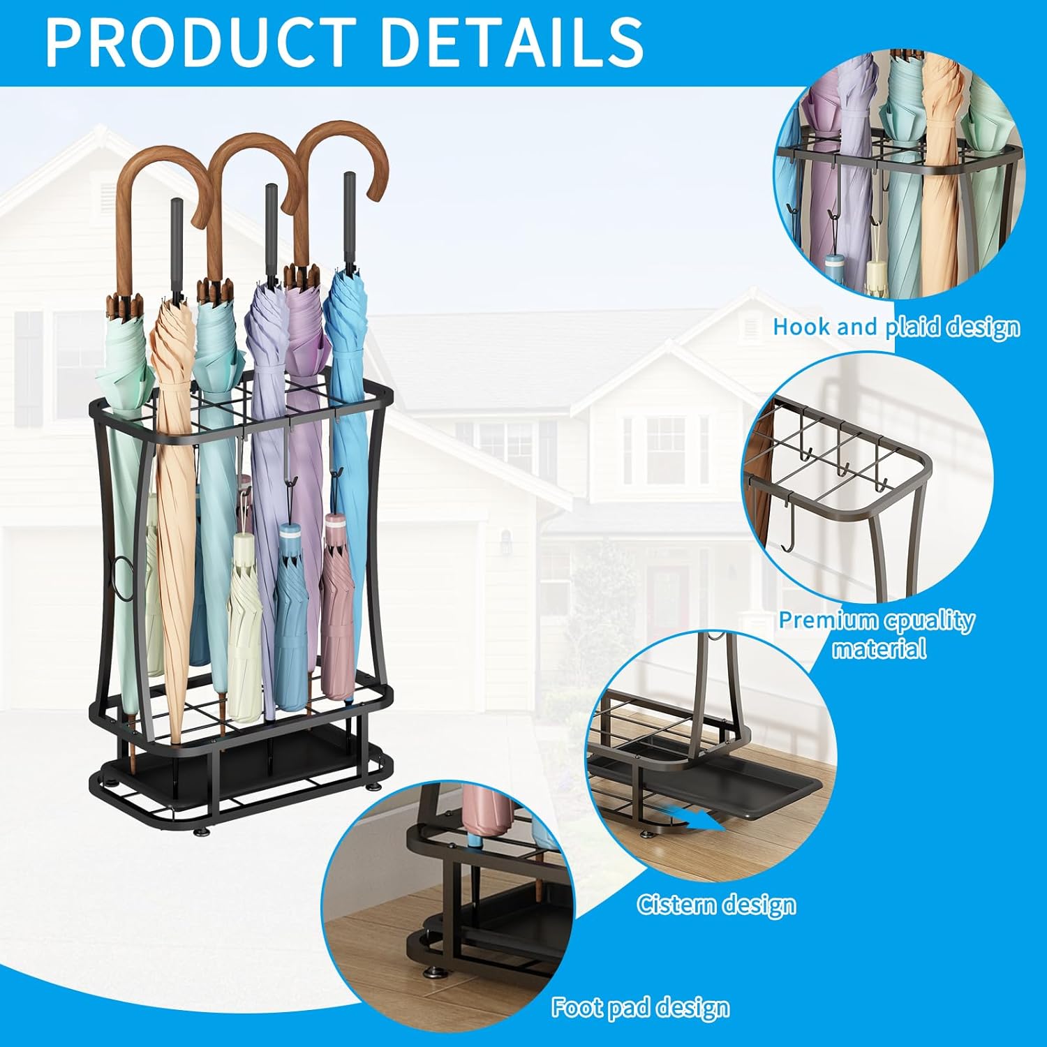 Wisdom Star Industrial Metal Umbrella Stand with Drip Tray and 6 Hooks