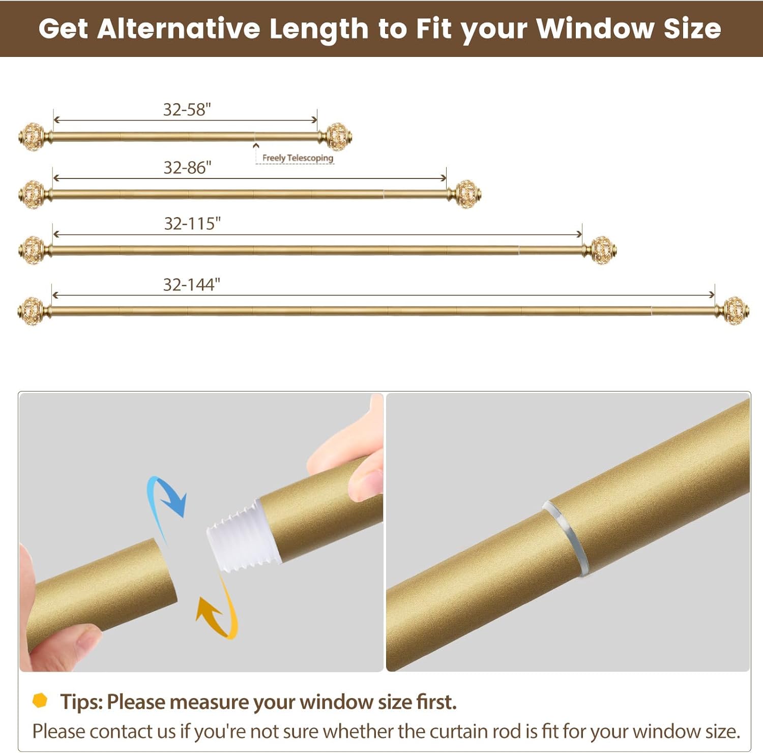 USFOOK Gold Telescoping Curtain Rods 32-58 Inch