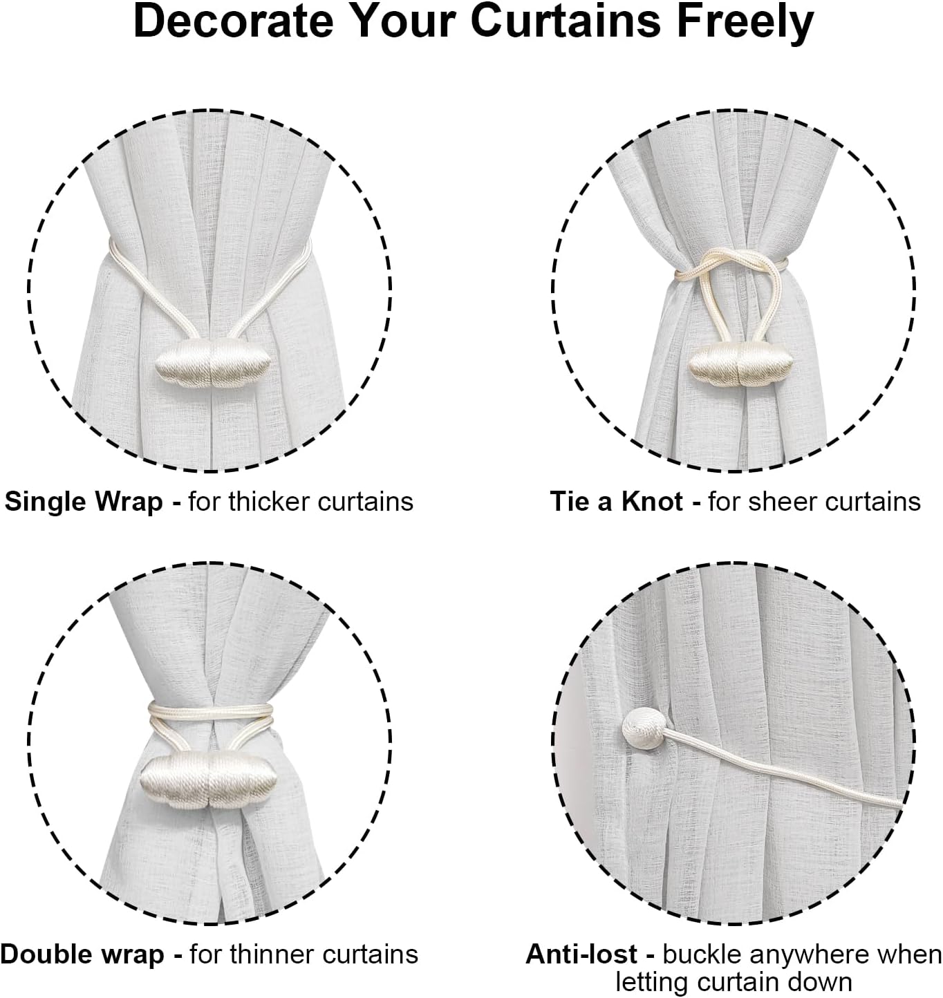 Tifanso White Magnetic Curtain Tiebacks 4pcs