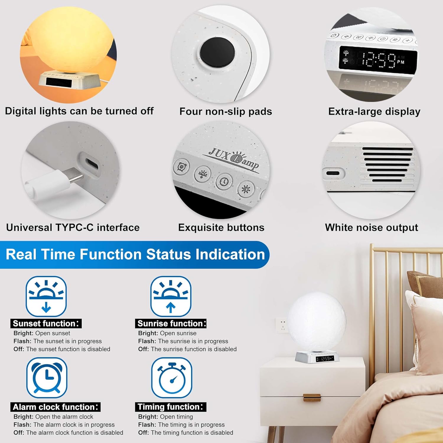 Moon Clock Light Alarm Clock with Sunrise and White Noise