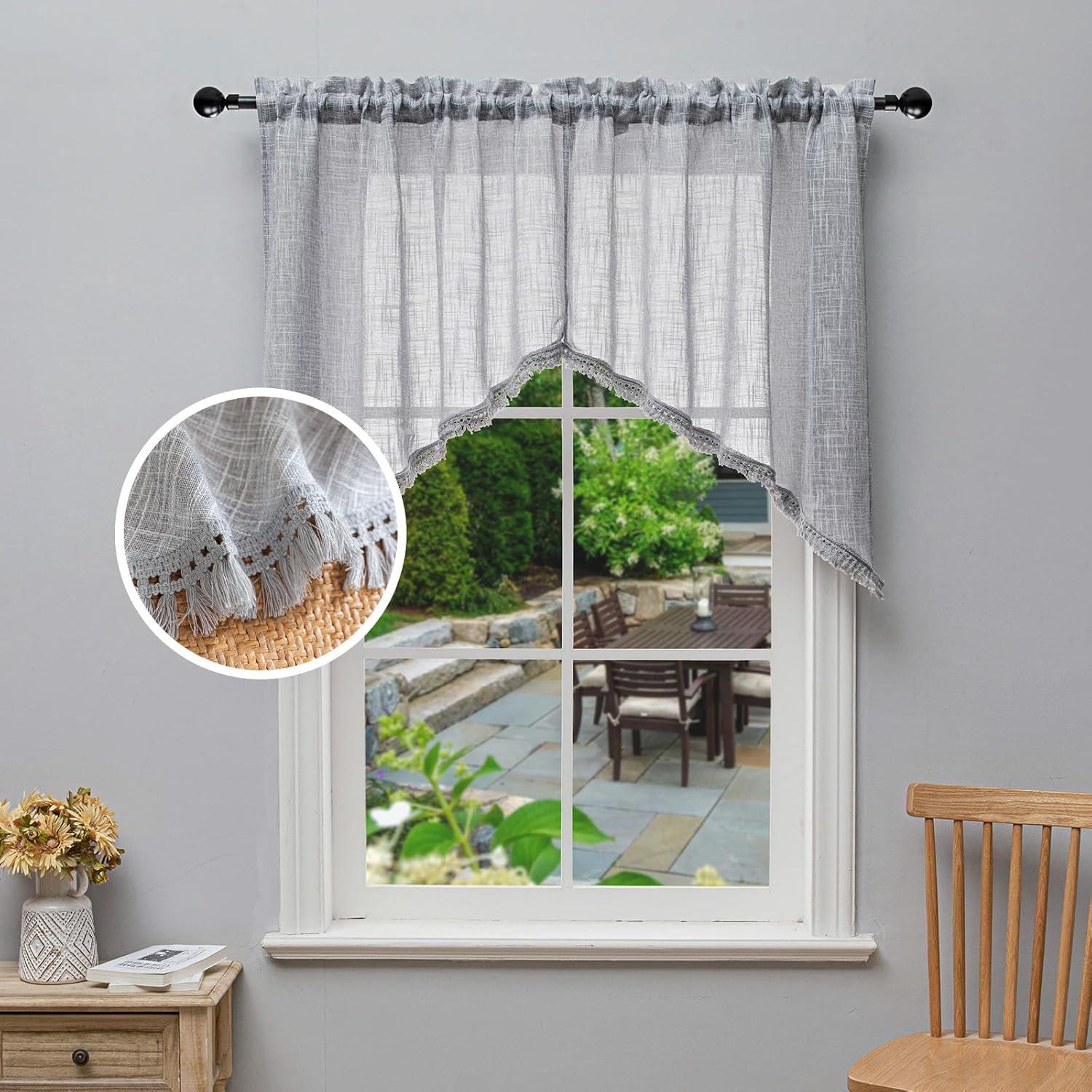 Beda Home Tassel Linen Swag Curtain Valance for Farmhouse Kitchen