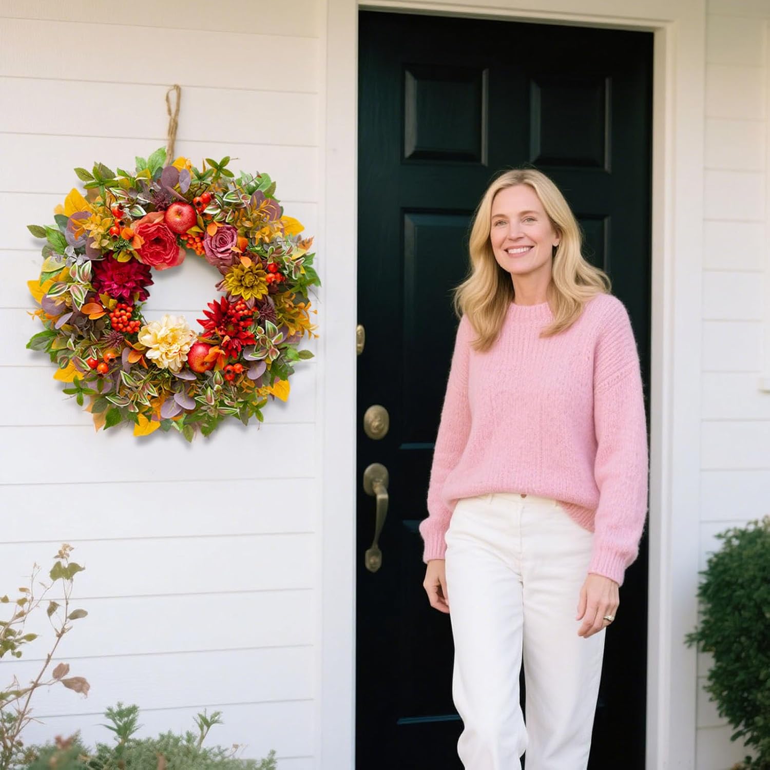 Fall Wreath with Flowers Apples Berries Leaves for Front Door