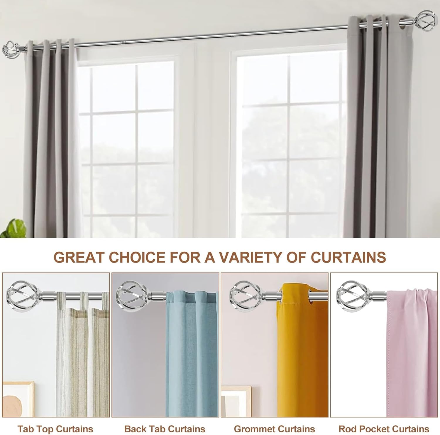 Chrome Silver Curtain Rods 66-120 Inch Adjustable