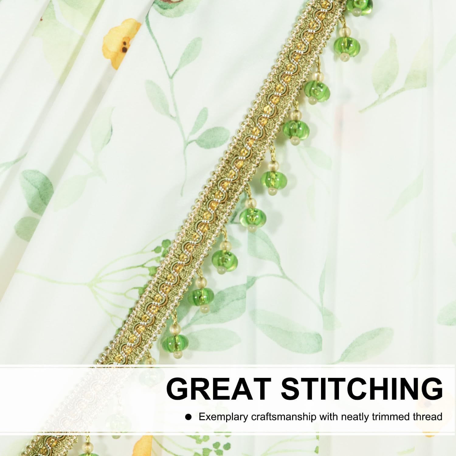 Leeva Luxury Sheer Valance Curtains with Bead Tassels and Plants Print Design