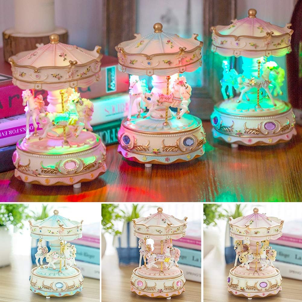 3-Horse Carousel Music Box with LED Lights