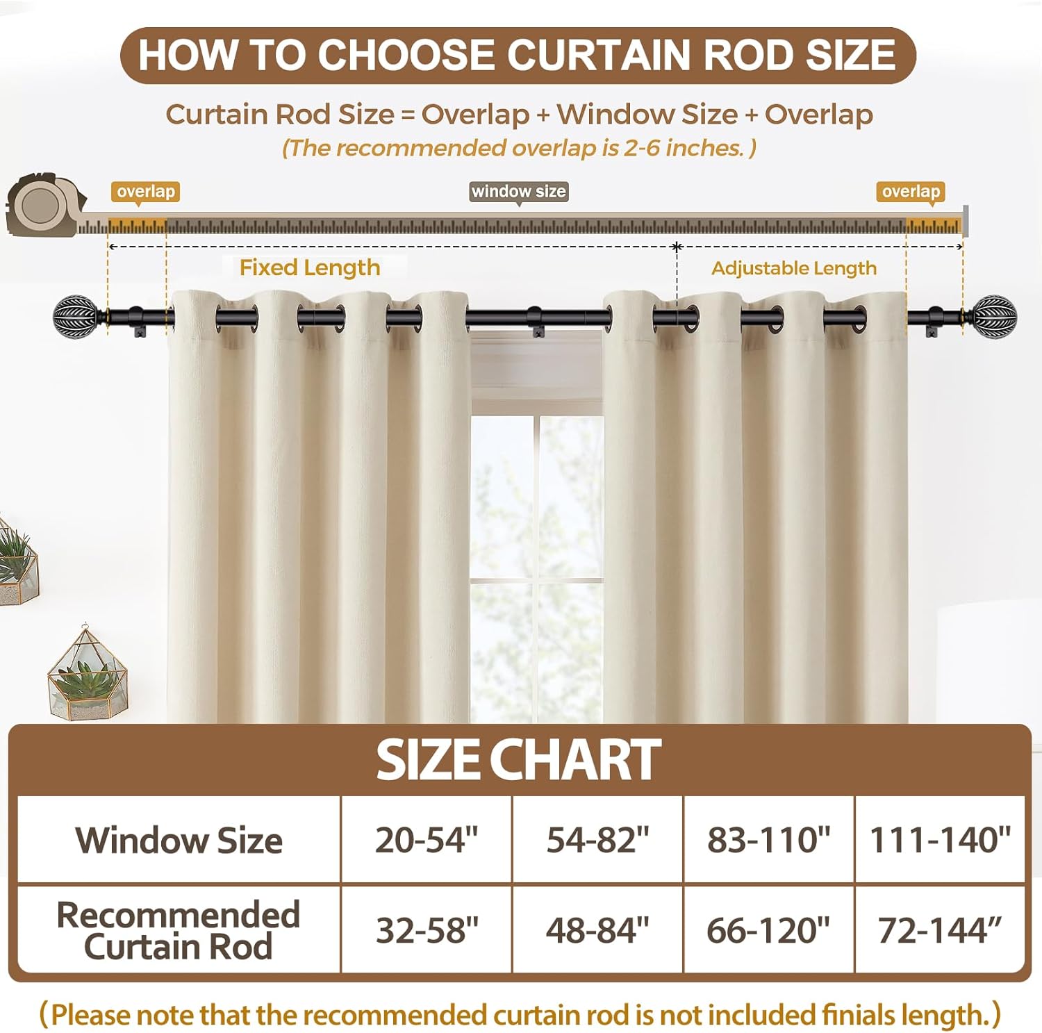 KAMANINA Wood Curtain Rods 48-84 Inch Black