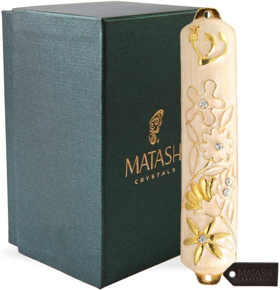 Matashi Hand Painted Mezuzah with Gold Crystals and Floral Design