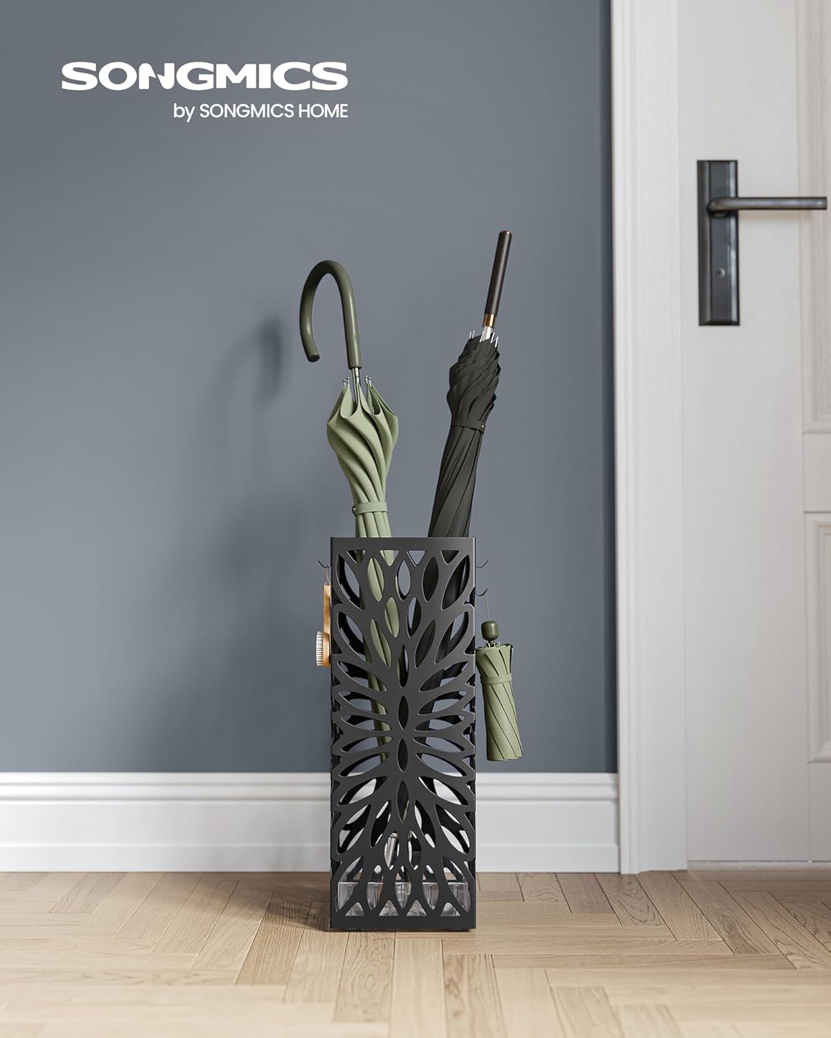 SONGMICS Steel Square Umbrella Stand with Drip Tray and 4 Hooks