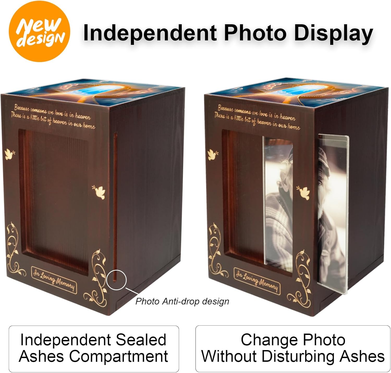 Wooden Cremation Urn with Photo Frame for Human Ashes