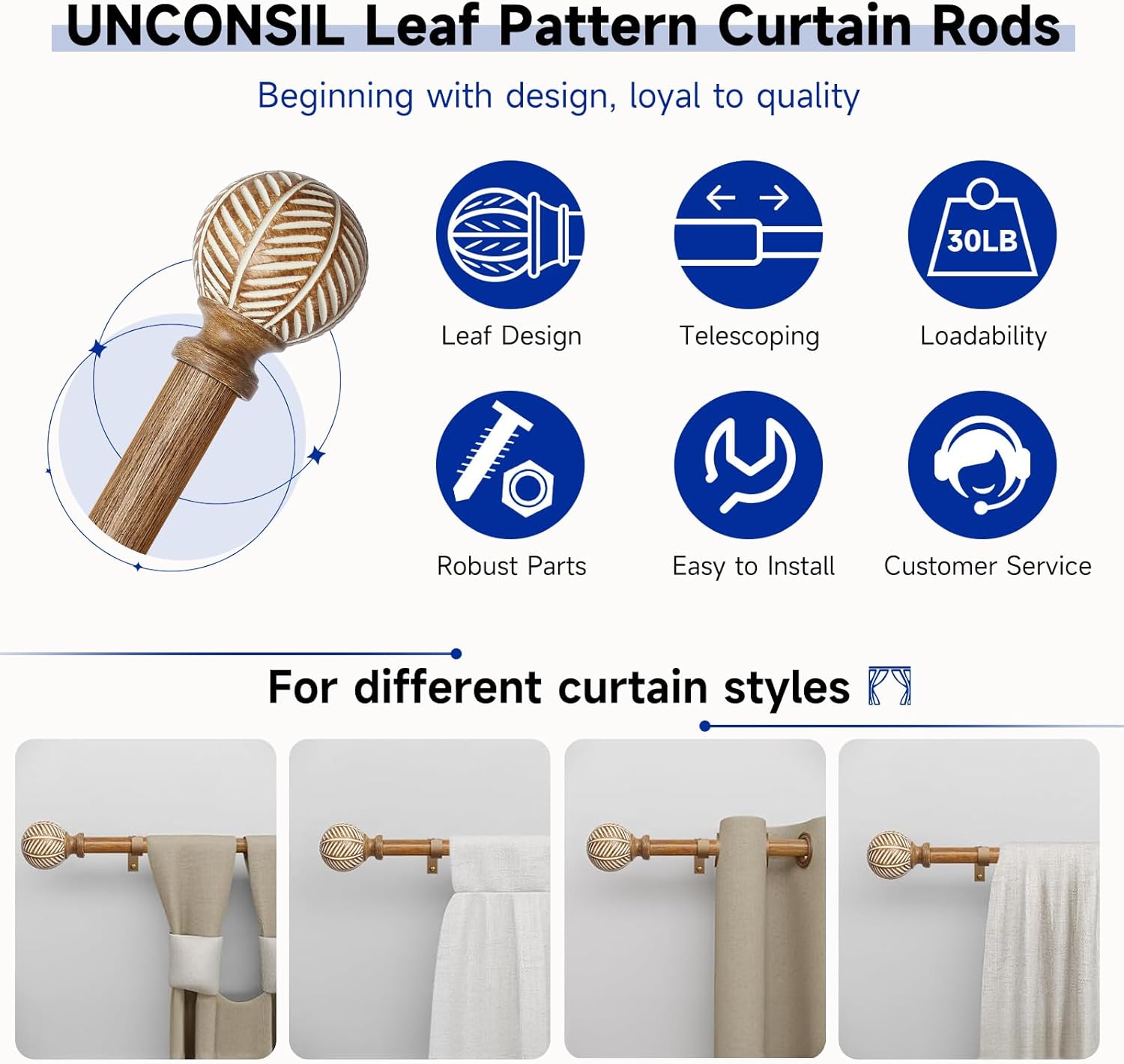 Adjustable Wood Curtain Rods 72-144 Inch 2 Pack Heavy Duty