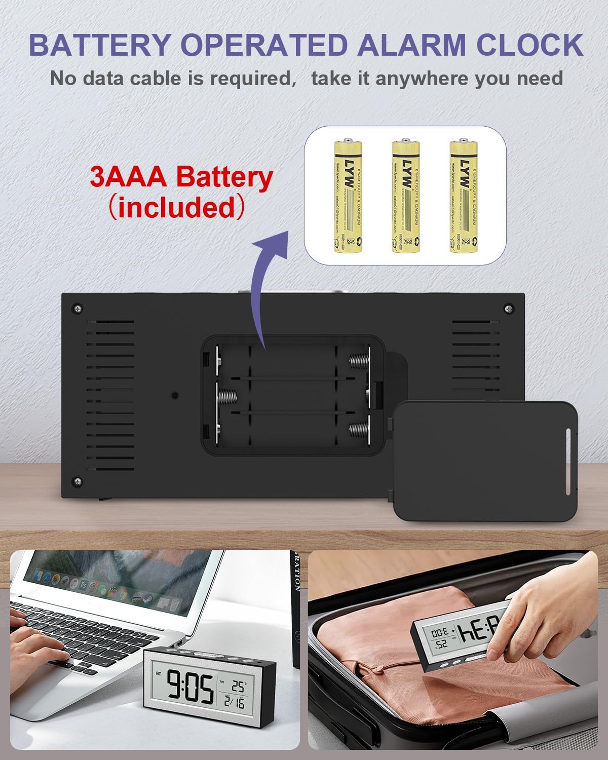 OQIMAX Battery Powered Alarm Clock with LCD Display