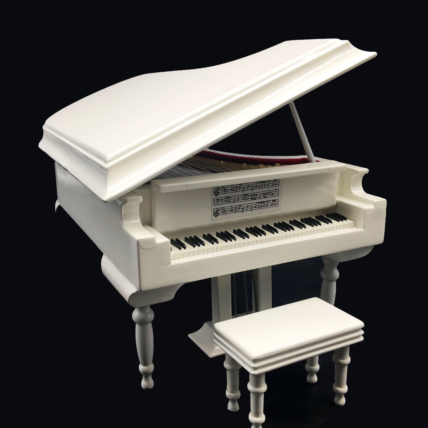 White Piano Music Box with Bench and Black Case