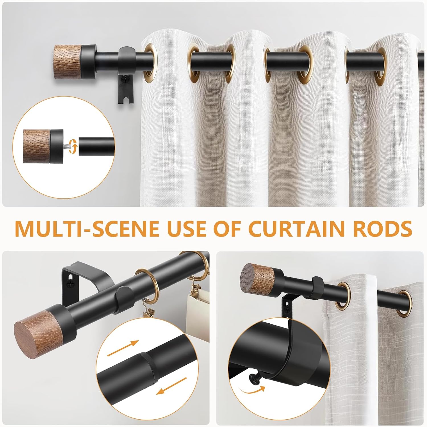 Wooden Curtain Rods 48-84 Inch Adjustable Farmhouse Rustic
