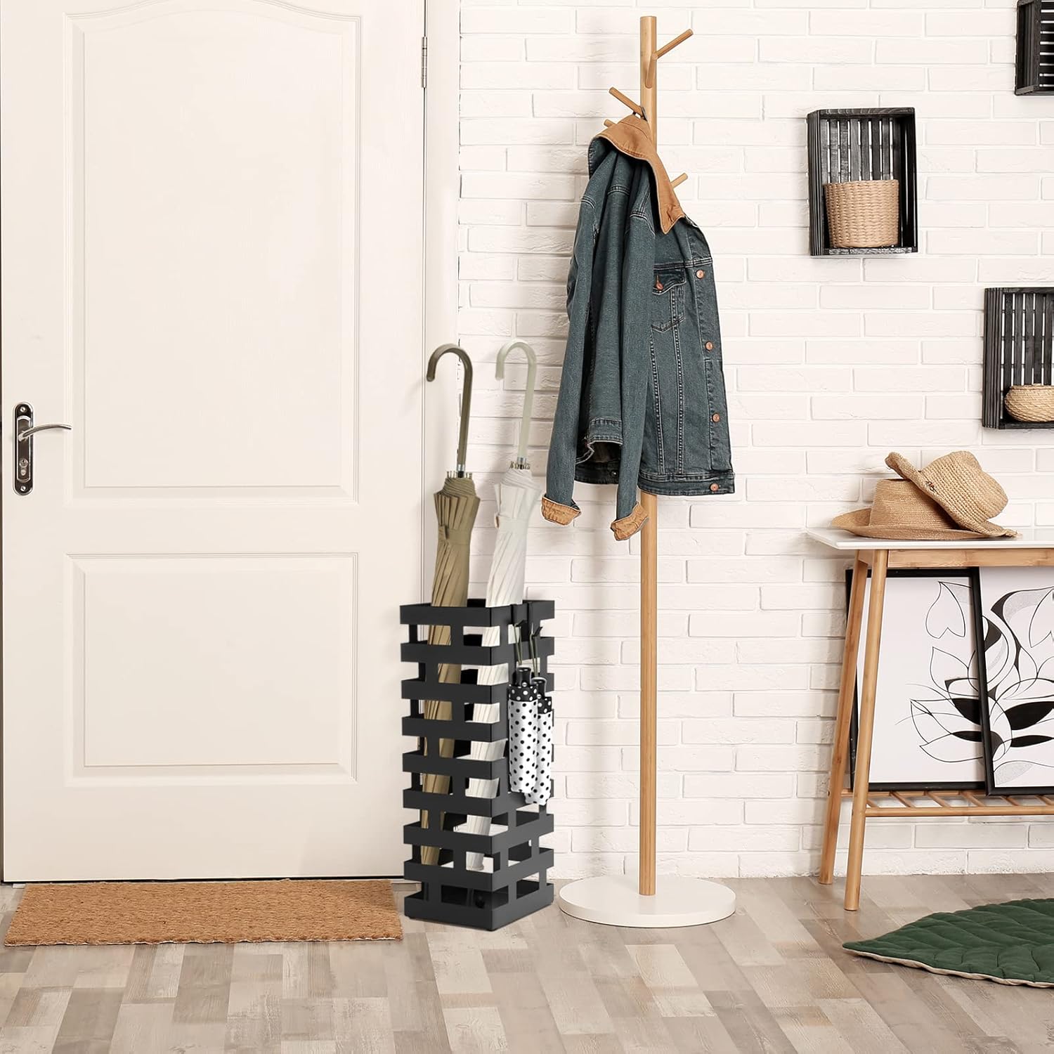 Tudomro Large Black Metal Umbrella Stand with Hooks and Water Tray