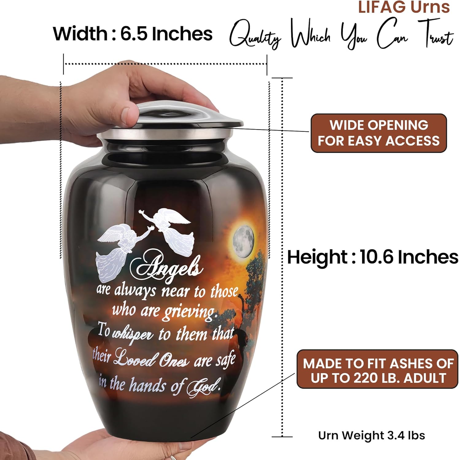 Handcrafted Large Urn for Ashes with Angel Quote