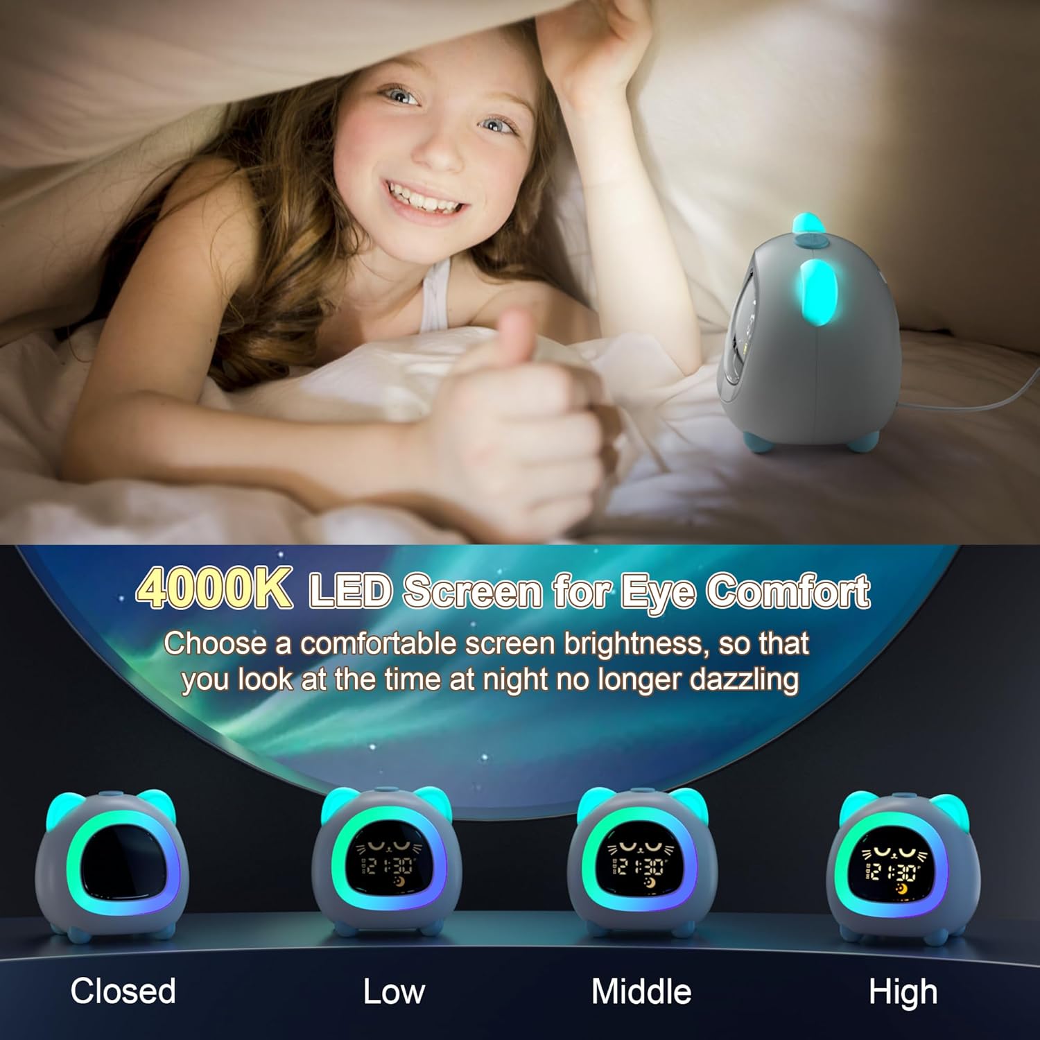 Aurora Blue Cat Ear Alarm Clock for Kids