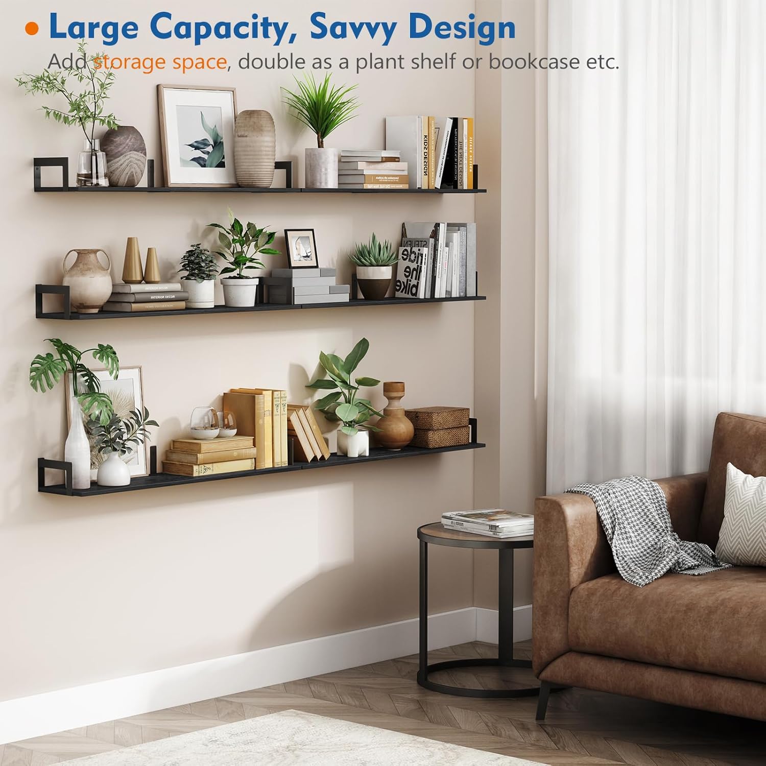 Harwaya Large Floating Book Shelves Set of 3 - Black