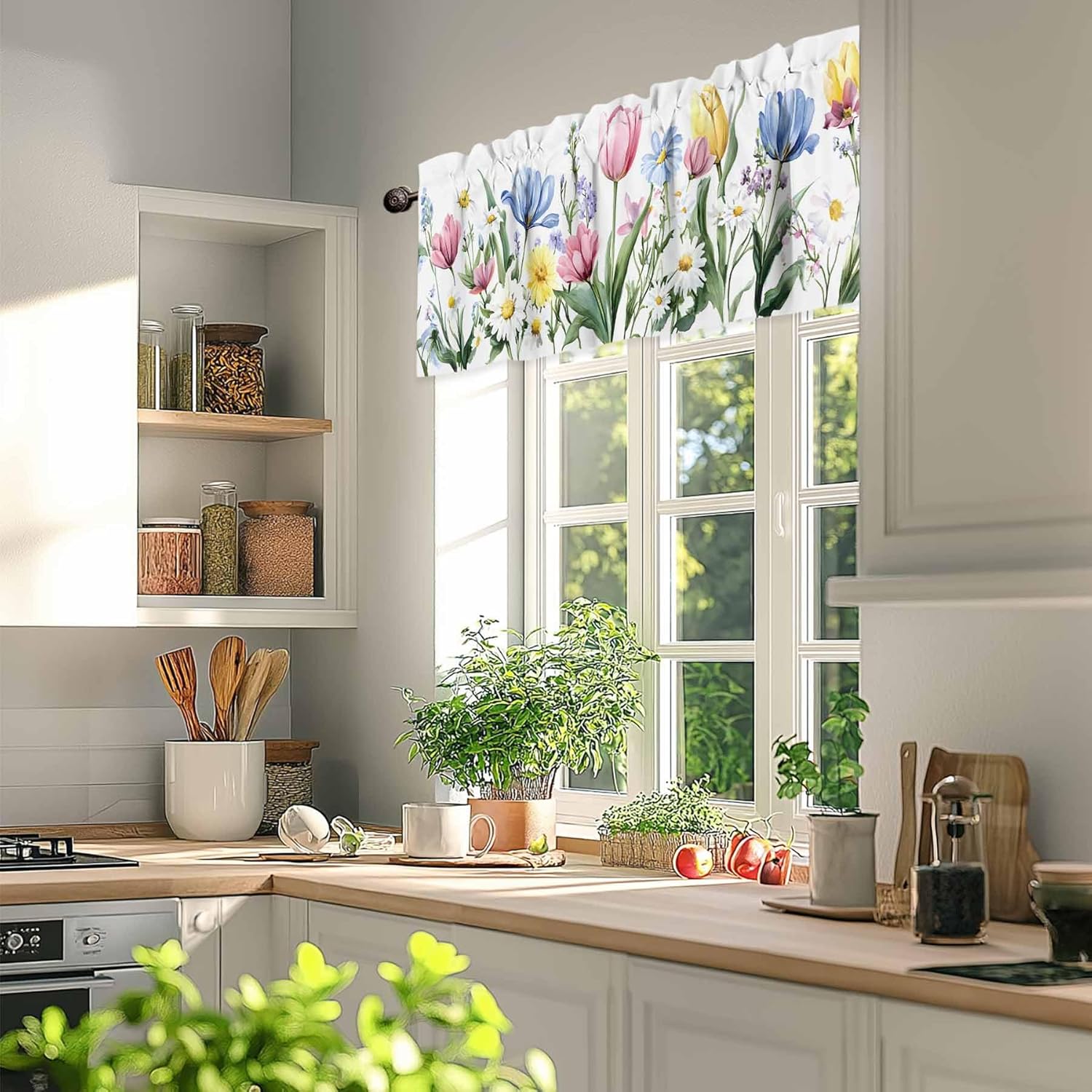 Tersuger Spring Daisy Tulip Kitchen Valance Curtain