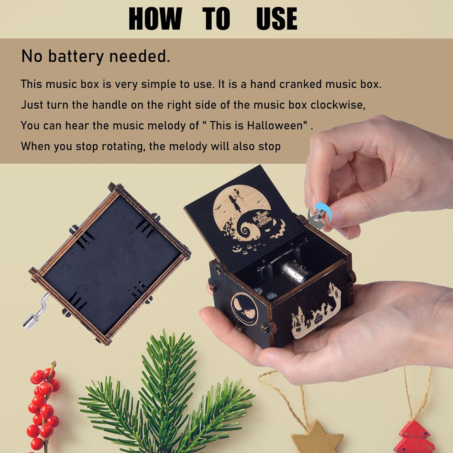 Keast Funny Wooden Hand Crank Music Box Halloween Decor