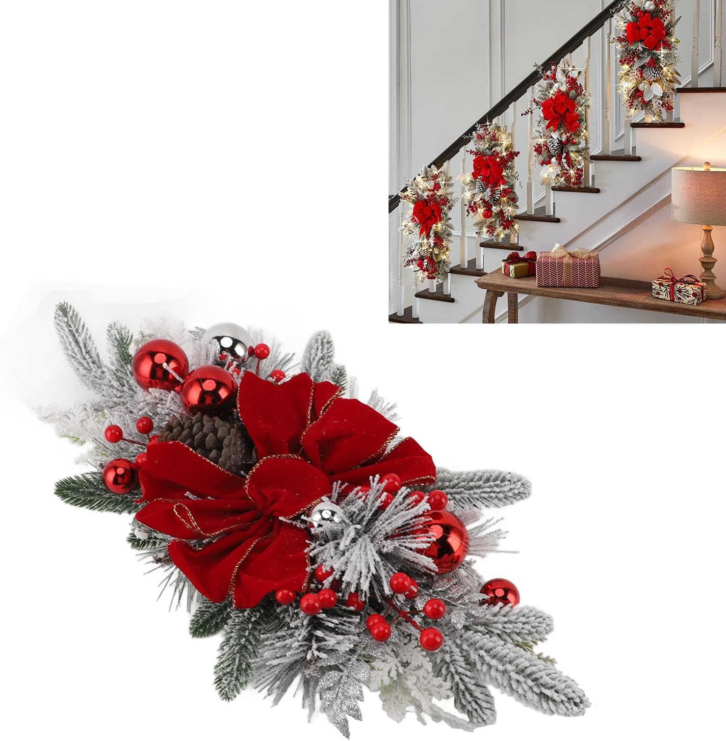 Topyond Christmas Staircase Decoration Cordless PVC Swag Red