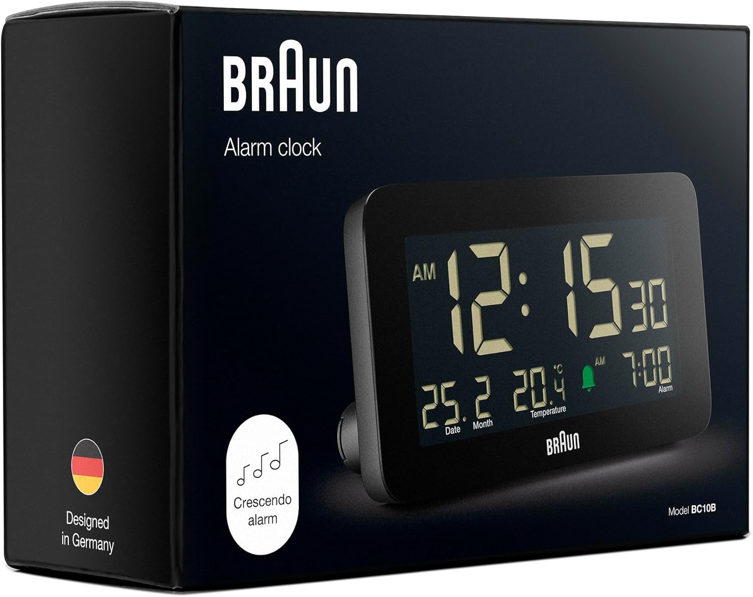 Braun Digital Alarm Clock with Date Month and Temperature Display