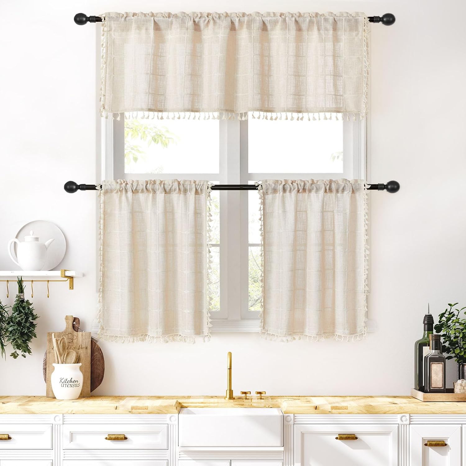 MitoVilla Cream Boho Kitchen Valance 52 x 18