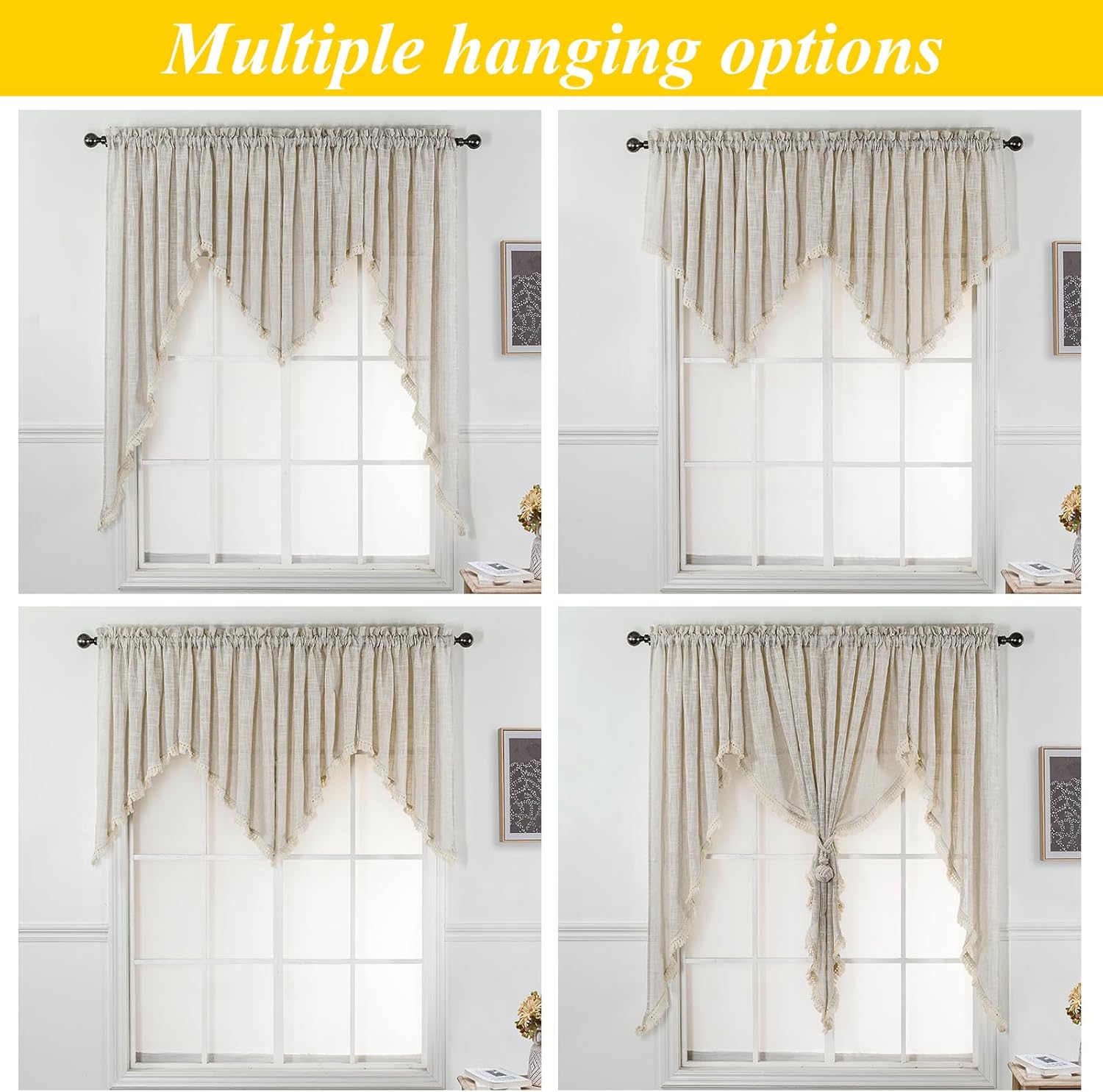 Beda Home Tassel Linen Swag Curtain Valance for Farmhouse Kitchen