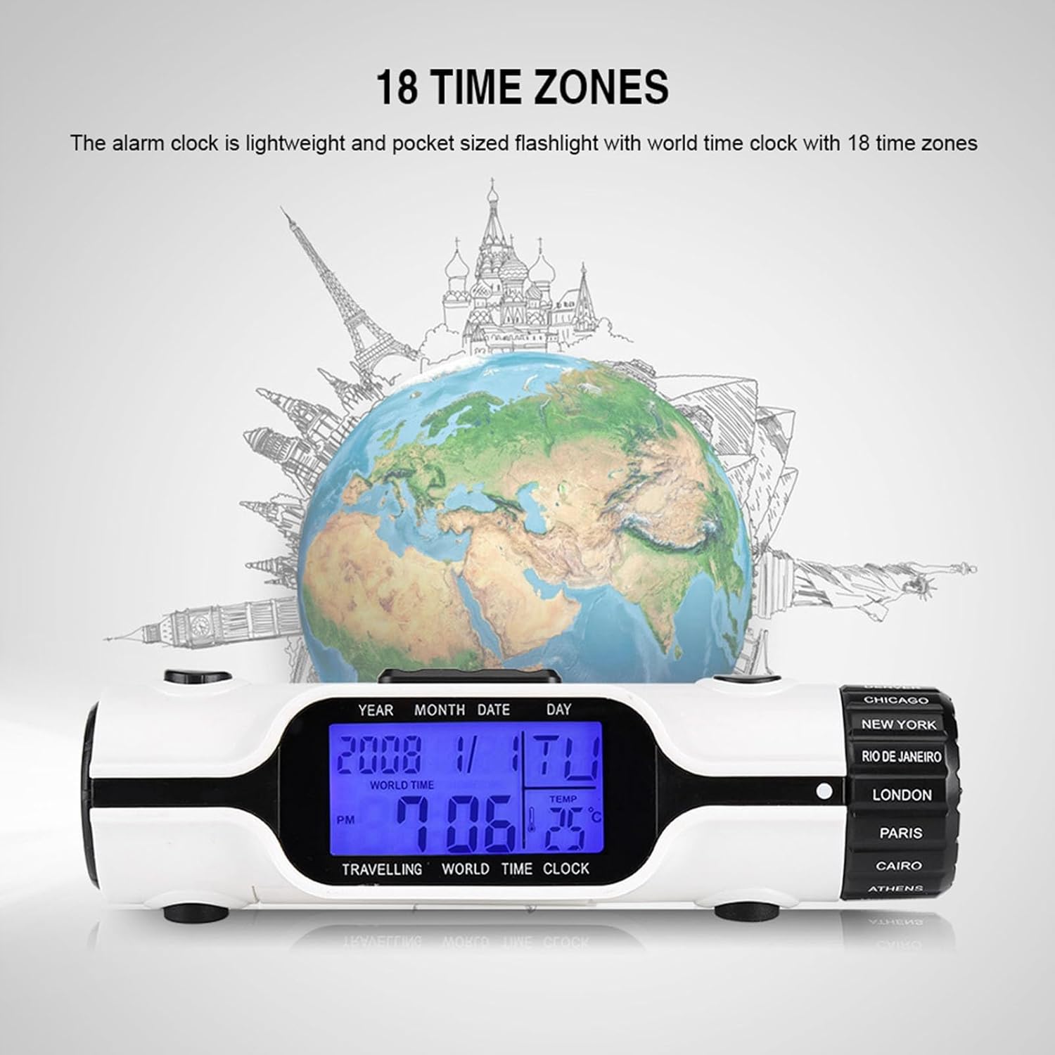 AUNMAS World Time Travel Clock with Alarm and LED Flashlight